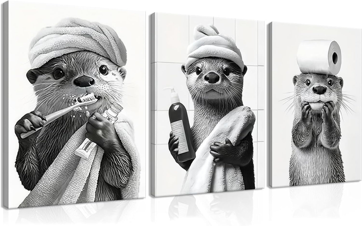 Otter Canvas Wall Art Set by Cute Bathroom | Funny Black and White Decor for Restroom | Ready to Hang 12x16 Inch