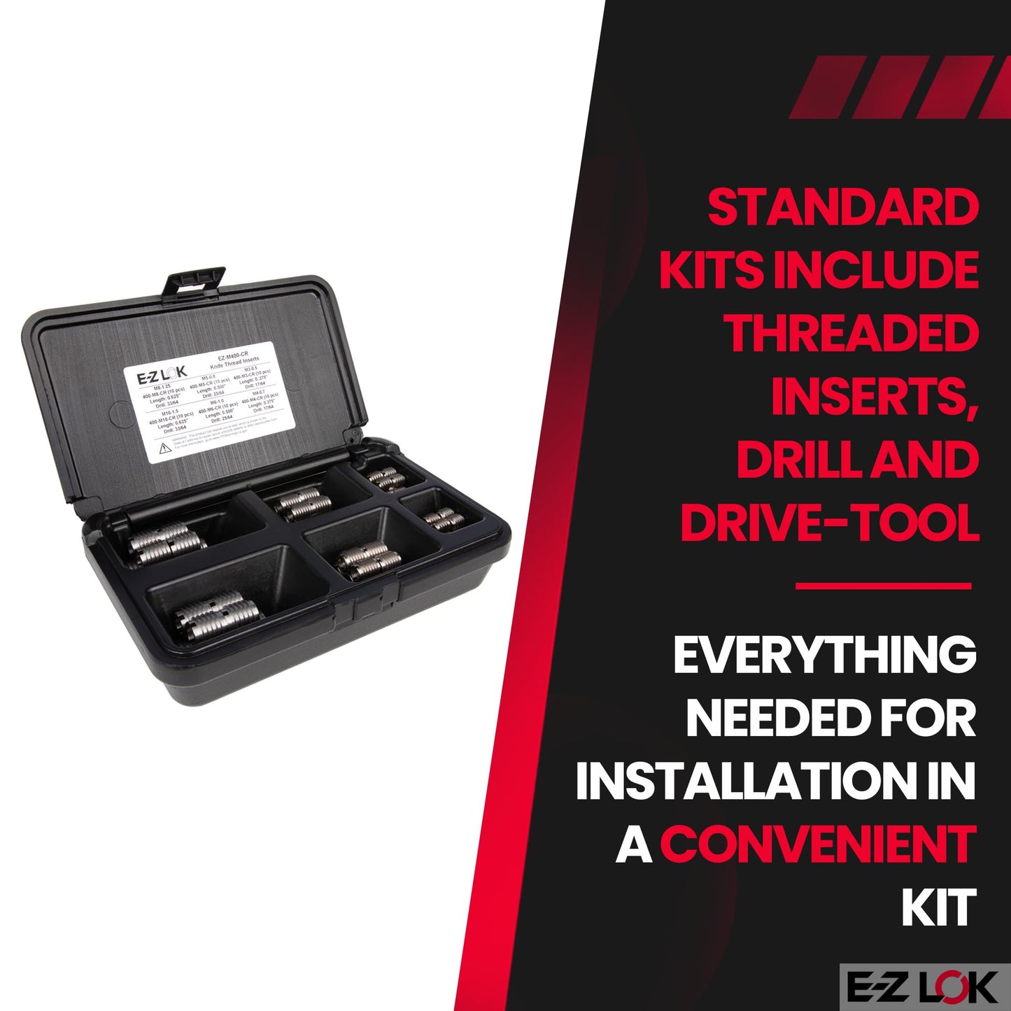 E-Z LOK Knife Threaded Inserts for Hard Wood Assortment Kit with Drill and Drive Tool, Stainless Steel Thread Inserts M3-0.5 to M10-1.5, 60 Pieces