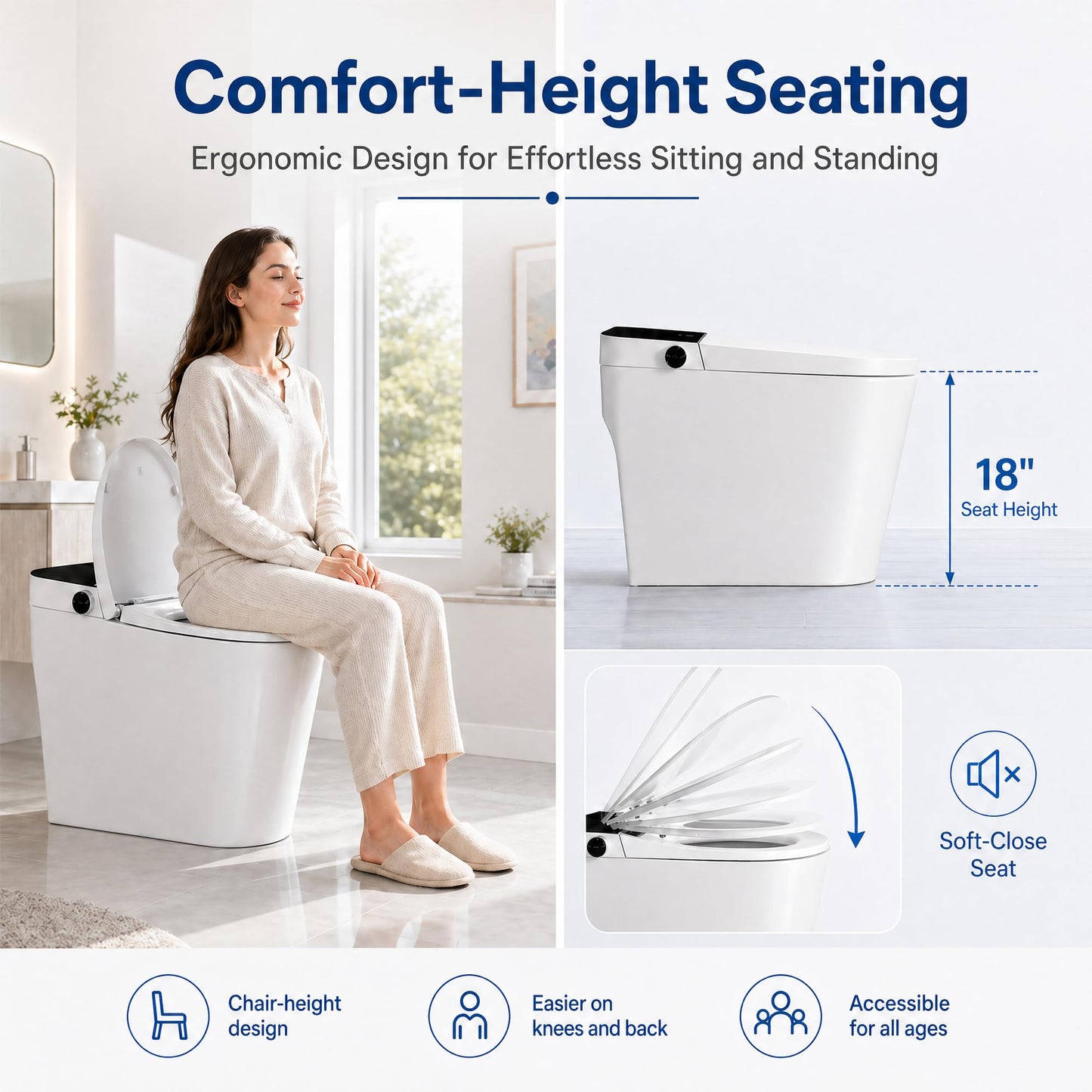 One Piece Toilet with Tankless Design, Modern Elongated Toilet, Foot Sensor Flush, Soft Close Seat, 18" Comfort Height Toilet for Bathrooms, 12" Rough-in,1.28 GPF-Standard White Bowl