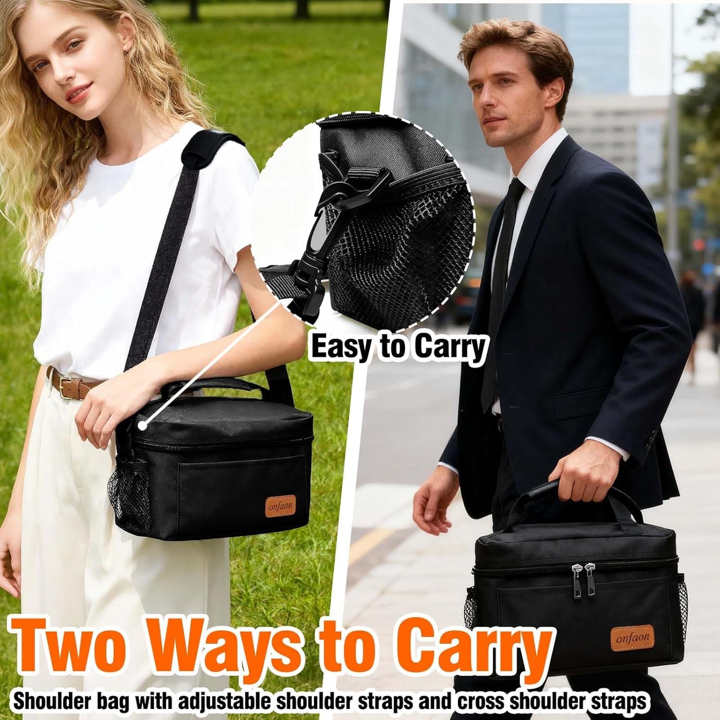 ONFAON Insulated Lunch Bag - Reusable Leakproof Cooler Tote with Adjustable Strap | Black