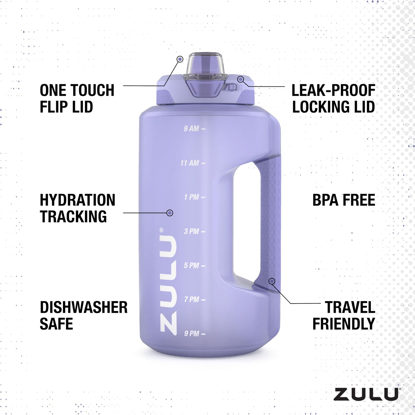 ZULU Goals 64oz Half Gallon Plastic Water Bottle with Straw and Time Marker | Large Reusable Jug with Handle and Leak Proof Lid for All Day Hydration, Gym and Outdoors, Gift Ready, Violet