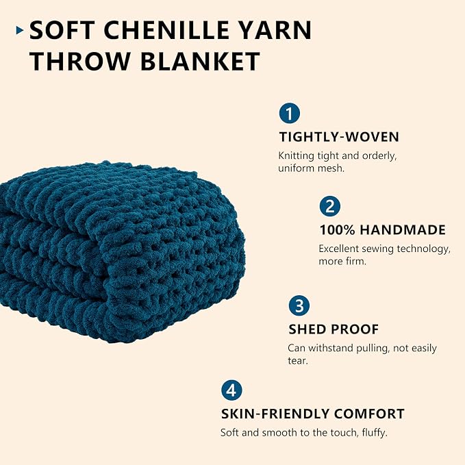 L'AGRATY Chunky Knit Blanket Throw: 60''x80'' Chenille Chunky Knitted Throw Blanket for Bed Couch - Handmade Thick Big Cable Knit Blanket - Large Crochet Rope Blankets for Home Decor(Blue)