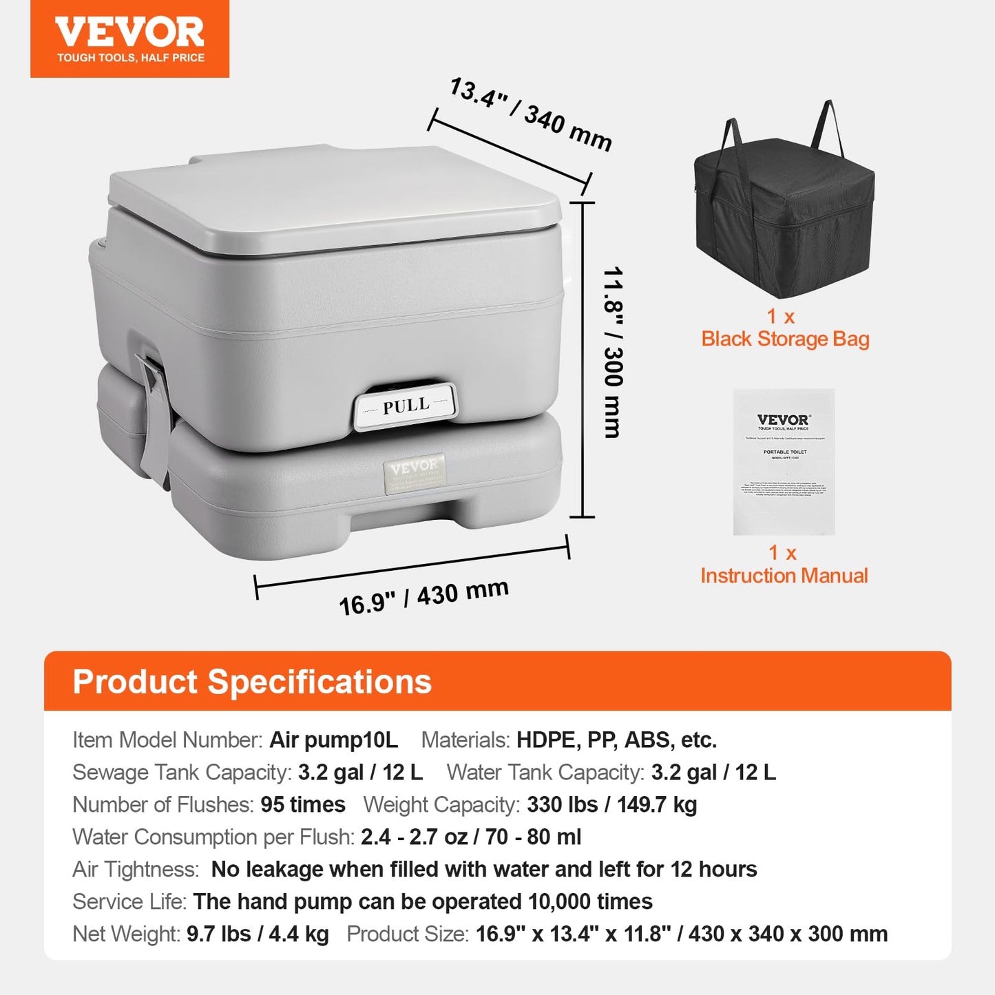 VEVOR Portable Toilet for Camping, Porta Potty with 3.2 Gal Waste Tank & 3.2 Gal Flush Tank, Push-Button Pressurized Flush Commode with Level Indicator, Travel Toilet for Adults Kids Camping Car Trips