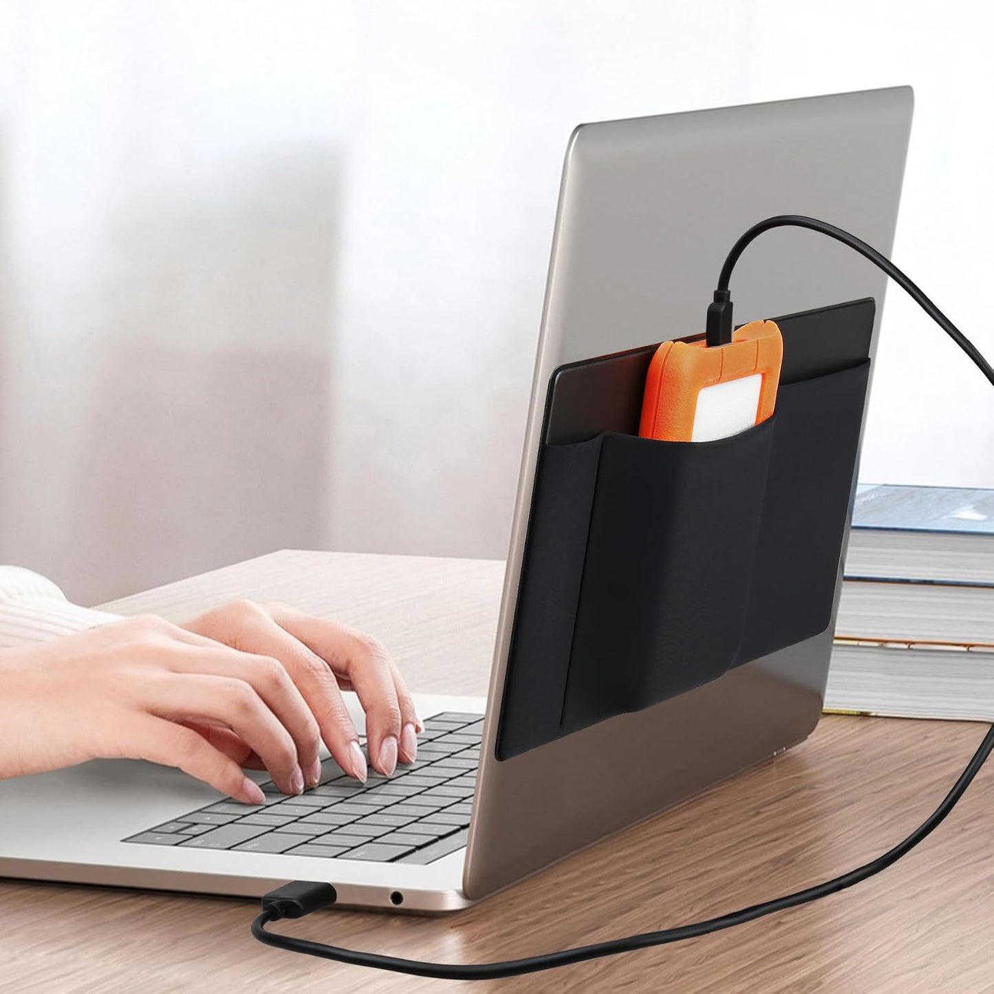 3-Pocket Lacdo Mouse Holder for Laptop Stick on, External Hard Drive SSD Holder for Laptop, Stick on Pouch Organizer
