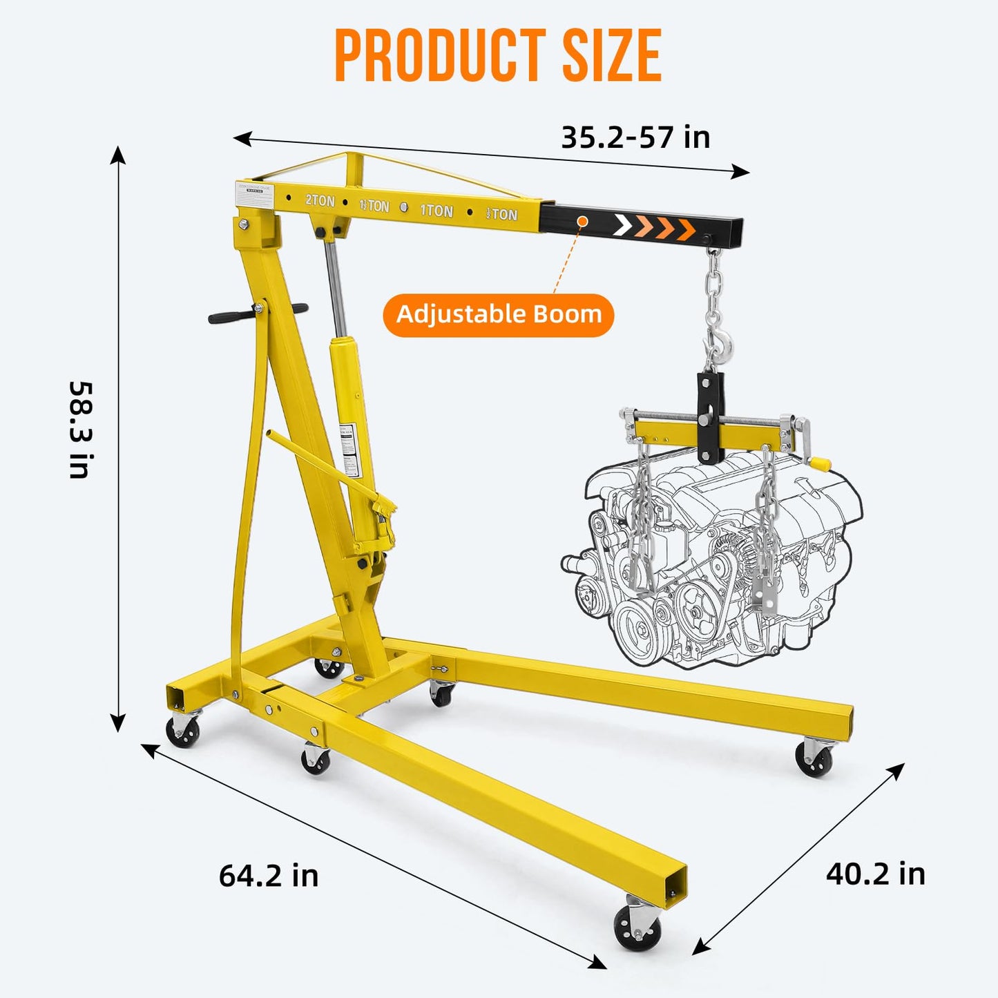 GarveeTech Engine Hoist with Lever, 2 T 4000 Lbs Heavy Duty Folding Cherry Picker Engine Lift Hydraulic Tilting Engine Shop Crane with 6 Iron Caster Wheels Telescopic Boom Hitch, Yellow