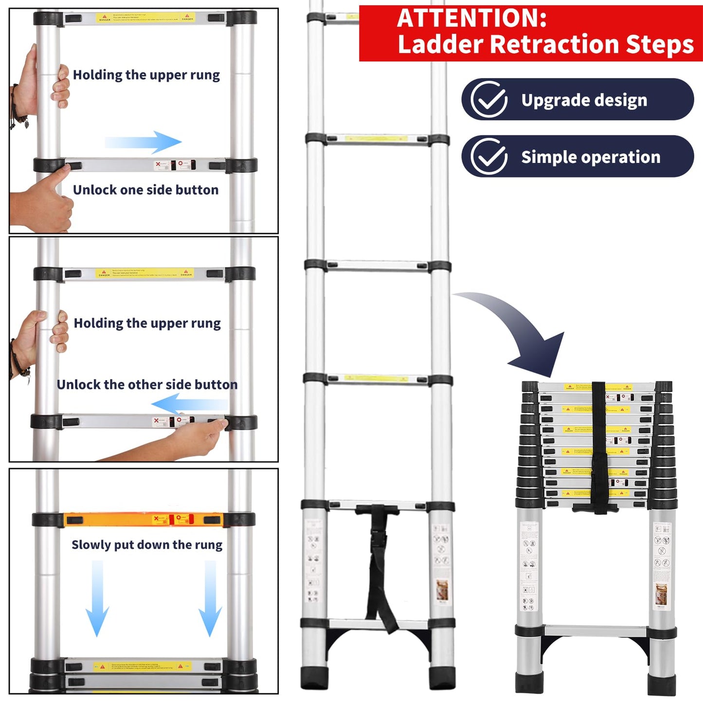 16.5FT Telescoping Ladder with Tool Tray, Extension Aluminum Folding Collapsible Ladder, Telescopic Ladders Foldable Extendable Ladder for Home Homeuse RV Attic Roof