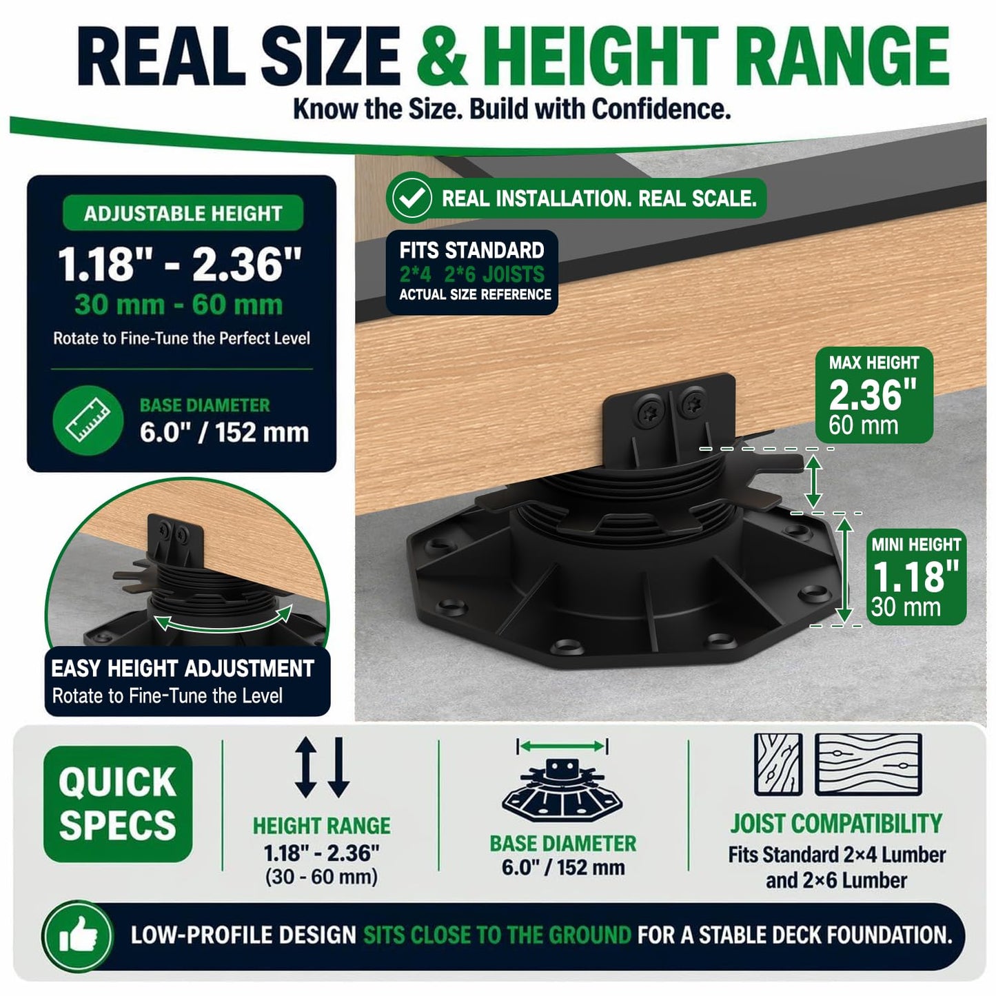 Deckit 24-Pack Adjustable Deck Support Pedestals, 1.18"–2.36" (30–60 mm), for 2×4 & 2×6 Joist Framing, Ground Support & Leveling for Patio, Shed Base & Floating Deck, Includes Joist Tape
