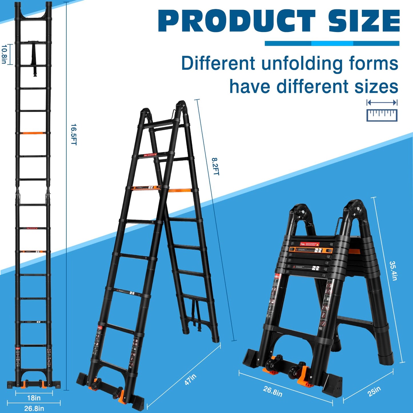 Wolec 16.5 FT A Frame Telescoping Ladder, Adjustable Multi-Purpose Collapsible Extension w/Balance Bar & Wheels, Heavy Duty 330 lbs Max Capacity, Ideal for Home and Outdoor Work, Black