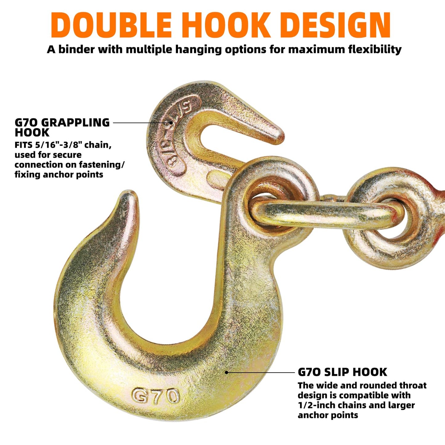 ENJ 2 Pack Folding Handle Load Binder, 7100 lbs WLL, w/ 5/16"-3/8" Grab Hook & 2 ft G70 Chain with Dual G70-1/2" Sling Hooks, for Truck Tie Down, Hauling, Towing, Logging