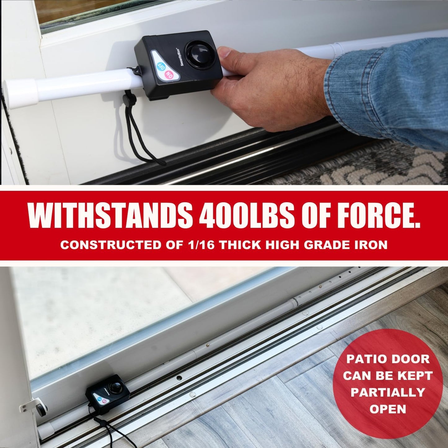 SECURITYMAN 120dB Jammer 400lbs Door Security Bar with Alarm (Detachable) - Siren Door Stopper Alarm - Adjustable
