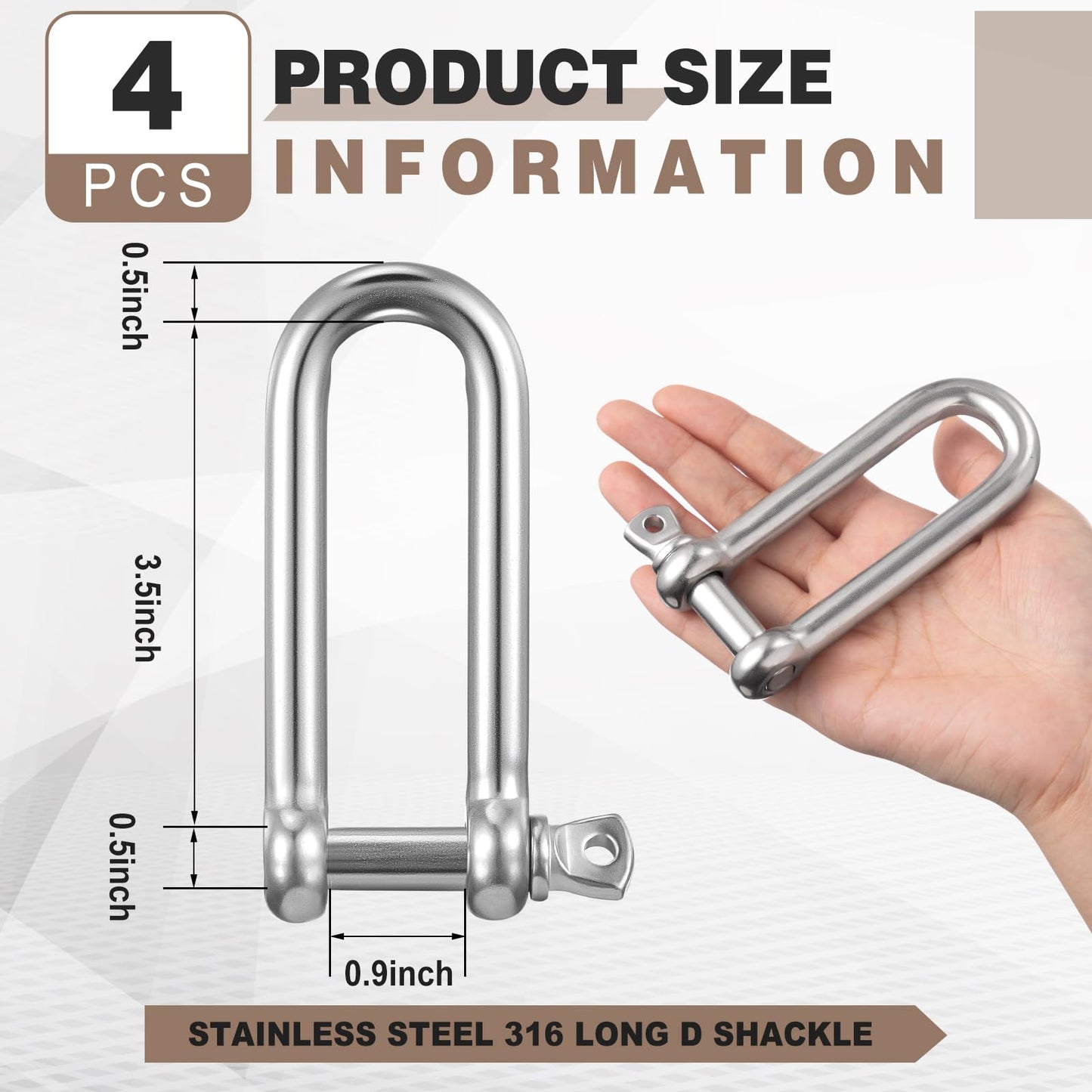 Otoolling 4 Pack Stainless Steel 316 Long D-Shackles 1/2 (12mm) Stainless Steel Long D-Shackles, Marine Grade