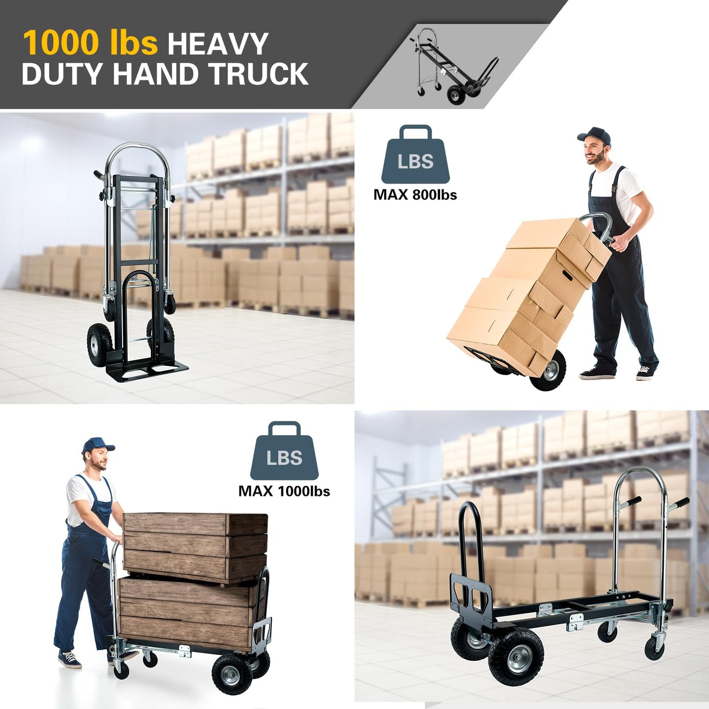 SOUTHHELP 3 in 1 Industrial Convertible Hand Truck Dolly,Dolly Cart with Wheels 1000 Lbs Capacity,Appliance Dolly with Solid Wheels for Moving,Transport in Warehouses,Home,Factory,Supermarket (Black)