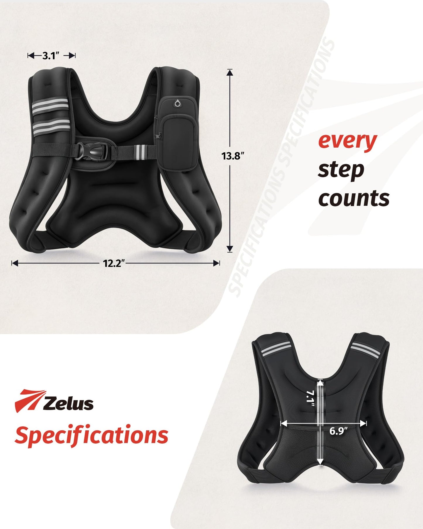 ZELUS Weighted Vest, 6lb/8lb/12lb/16lb/20lb/25lb/30lb Weight Vest with Reflective Stripe for Workout, Strength Training, Running, Fitness, Muscle Building, Weight Loss, Weightlifting, Black(8 lb)