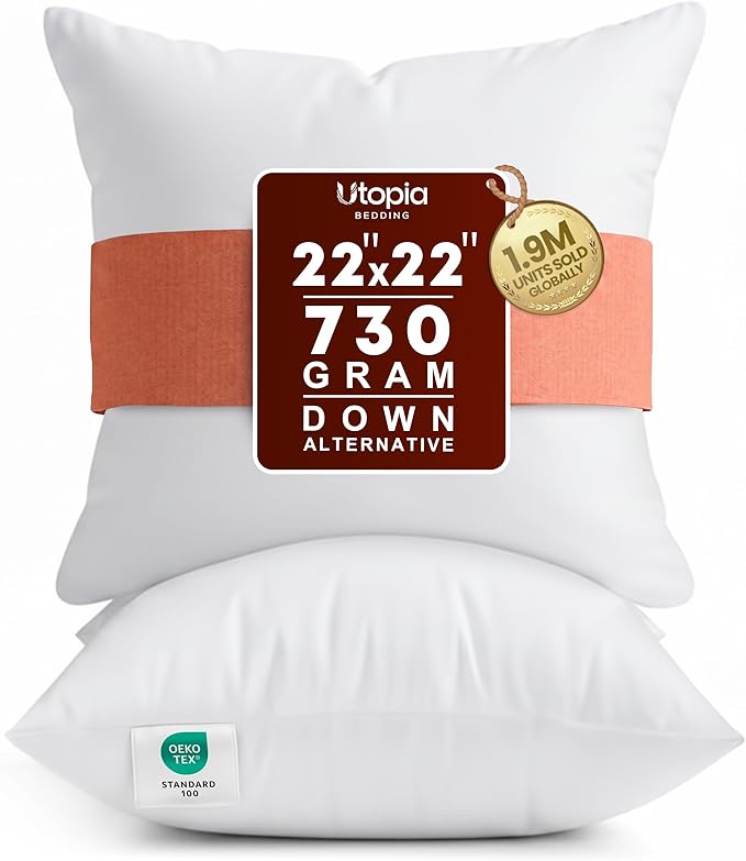 Utopia Bedding 22x22 Pillow Inserts, Set of 2, White – Indoor Decorative Throw Pillows for Bed, Sofa & Couch – Soft, Supportive & Fluffy Cushion Inserts
