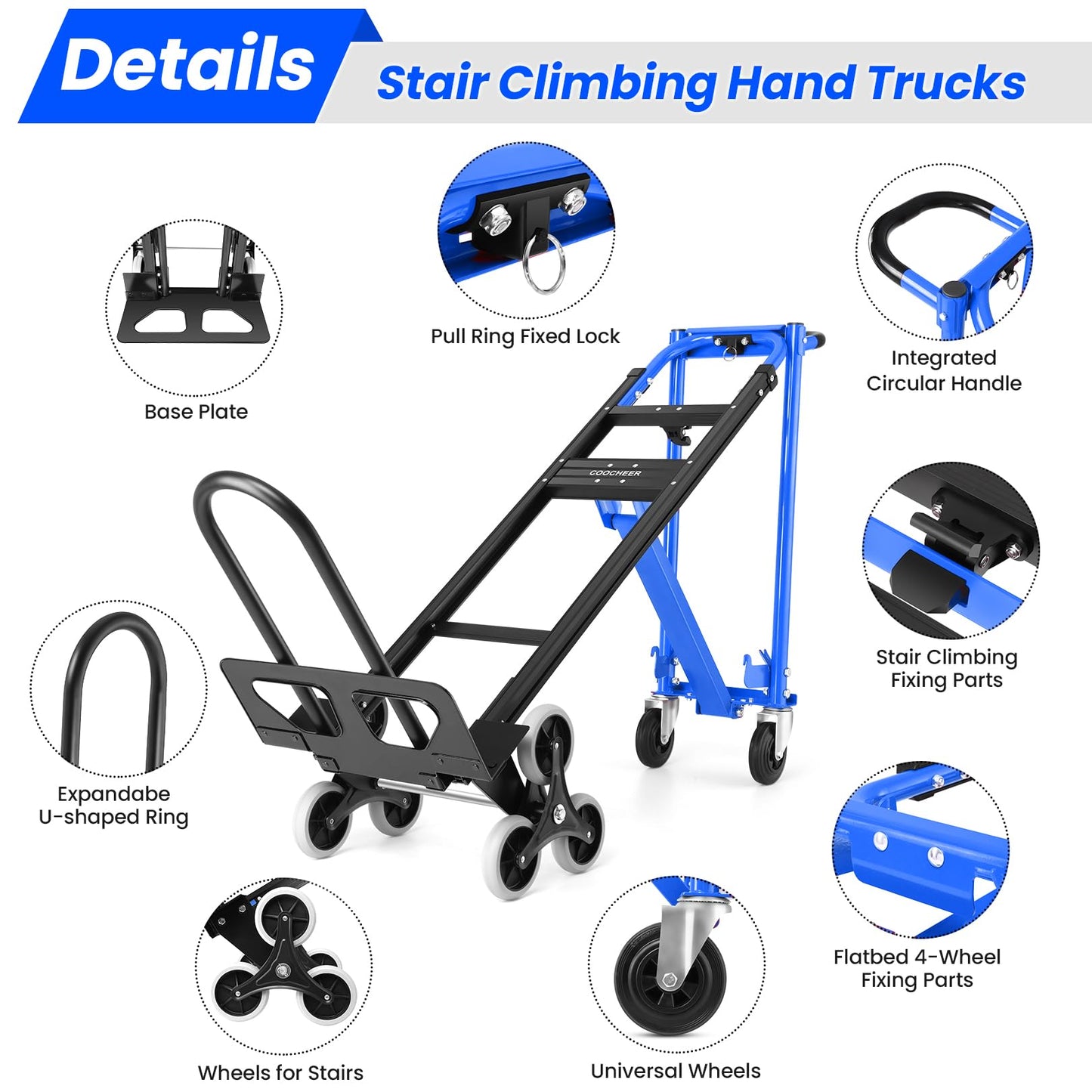1000LBS Convertible Hand Truck, Heavy Duty Foldable Aluminum Stair Climbing Dolly with Solid Wheels for Moving/Office/Travel (Blue)