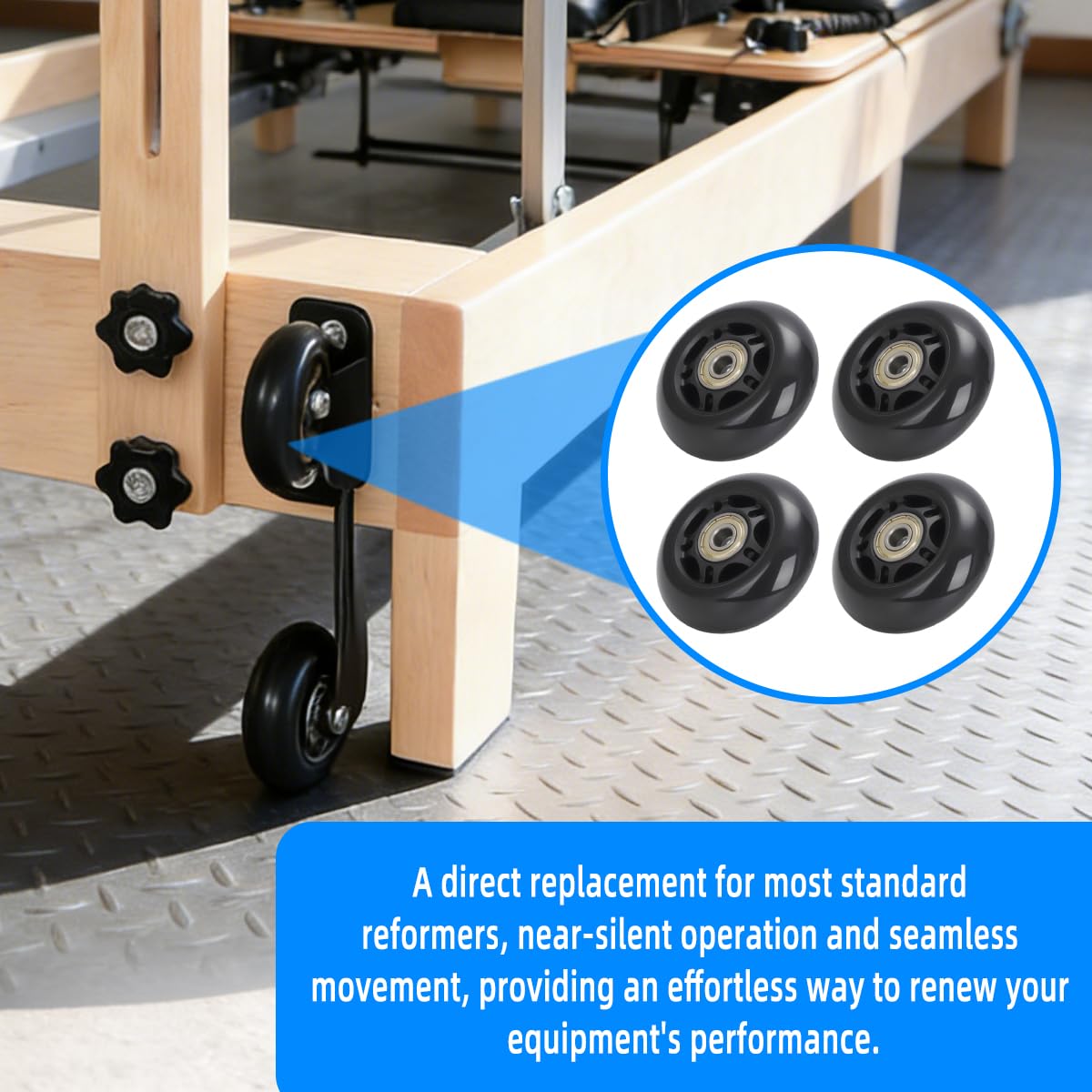 4PCS Silent Pilates Reformer Wheels PU Rollers Easy Installation, Black