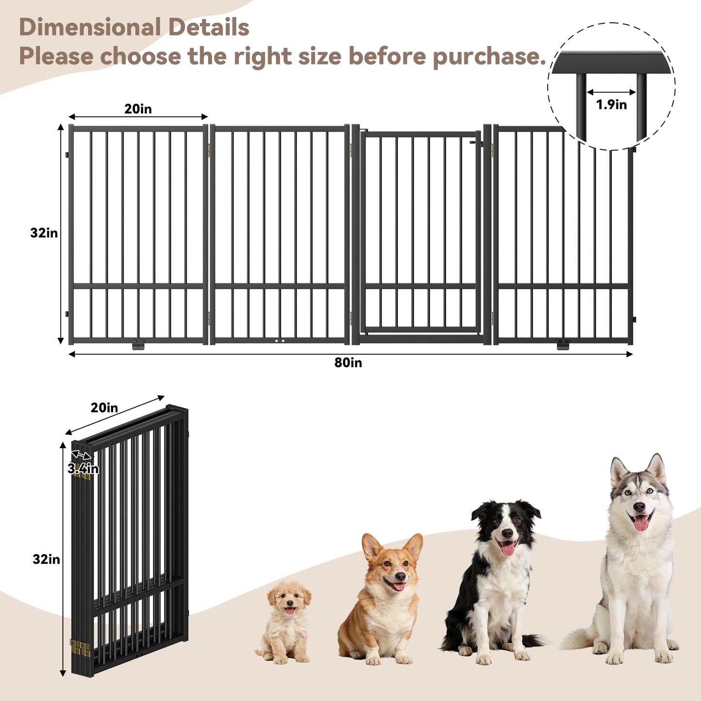 SNUOWU Full Metal Freestanding Dog Gate with Door, 32''Height Foldable Pet Dog Fence for Indoor & Outdoor, 4 Panels Extra Wide Free Standing TallDog Gates for Doorways,House,Stairs,Porch,Deck,Yard