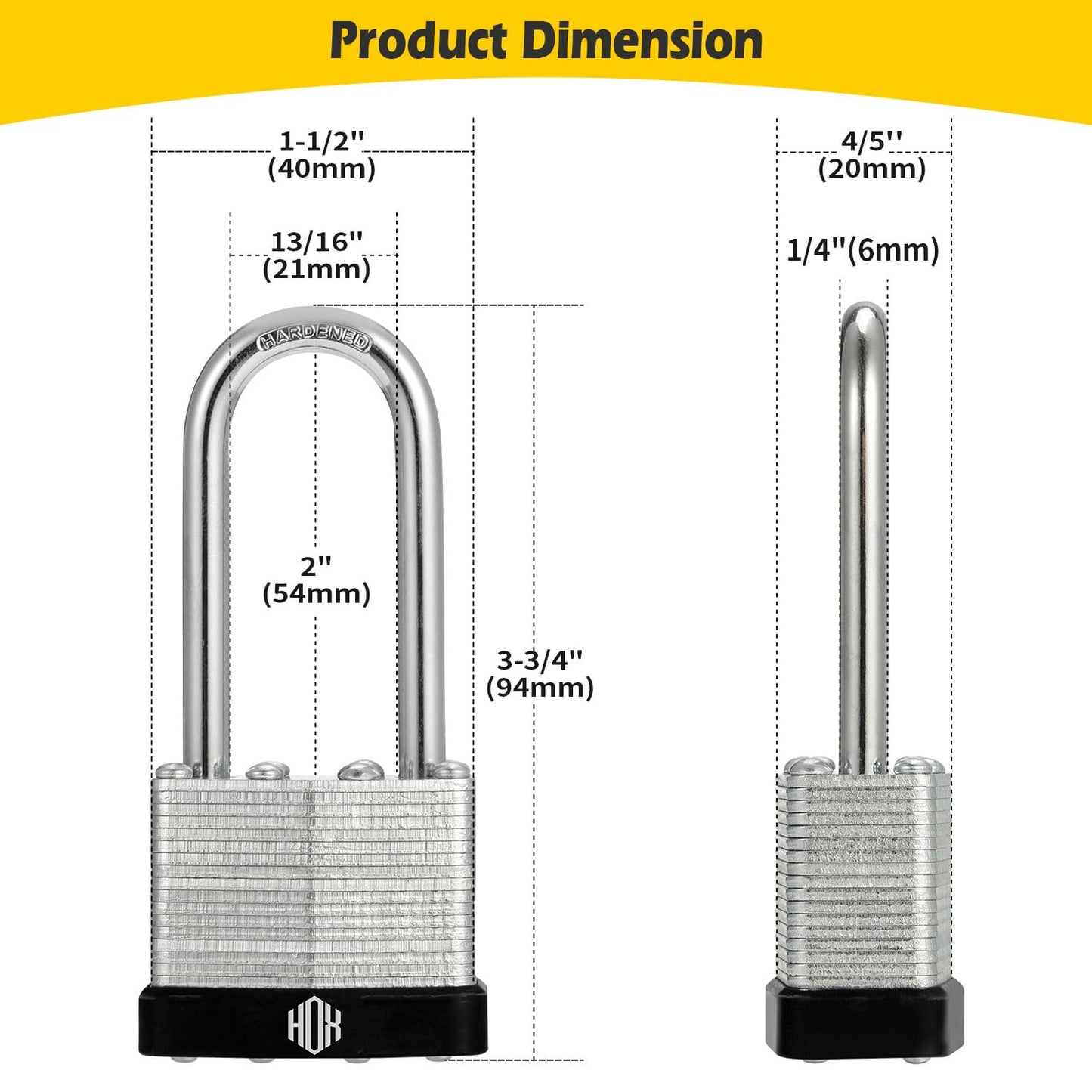 HOX Keyed-Alike Padlocks w/ 2” Long Hardened Shackle, 1-9/16” Wide Body, 12-Pack Shackle Padlock for Hasp Latch, Shed, Fence, Storage Locker, Black