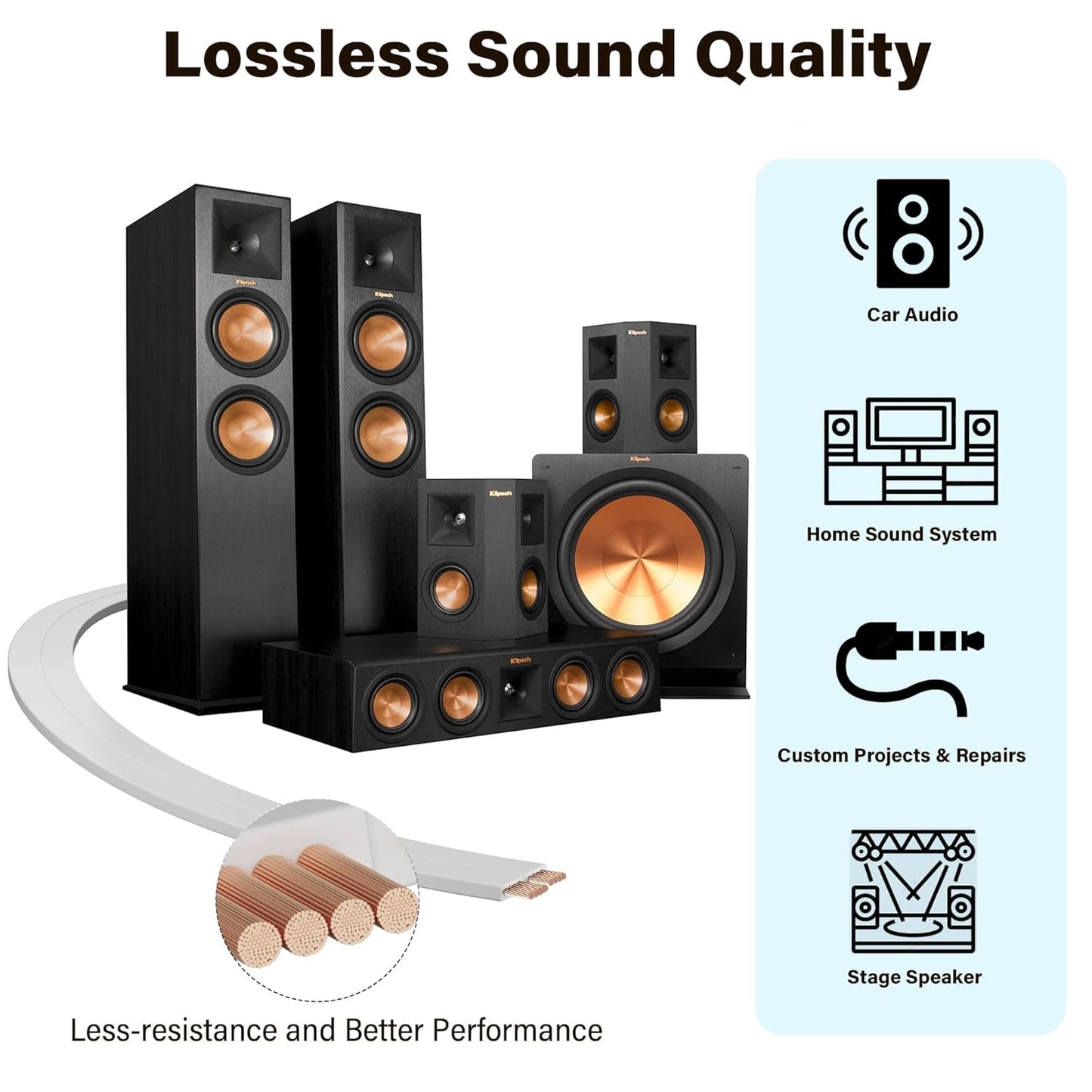 14 30 14/2 CL2 HiFind Premium Gauge Flat Speaker Cable Wire Ft White, OFC Electrical Low Voltage Audio Wire AWG, Thin