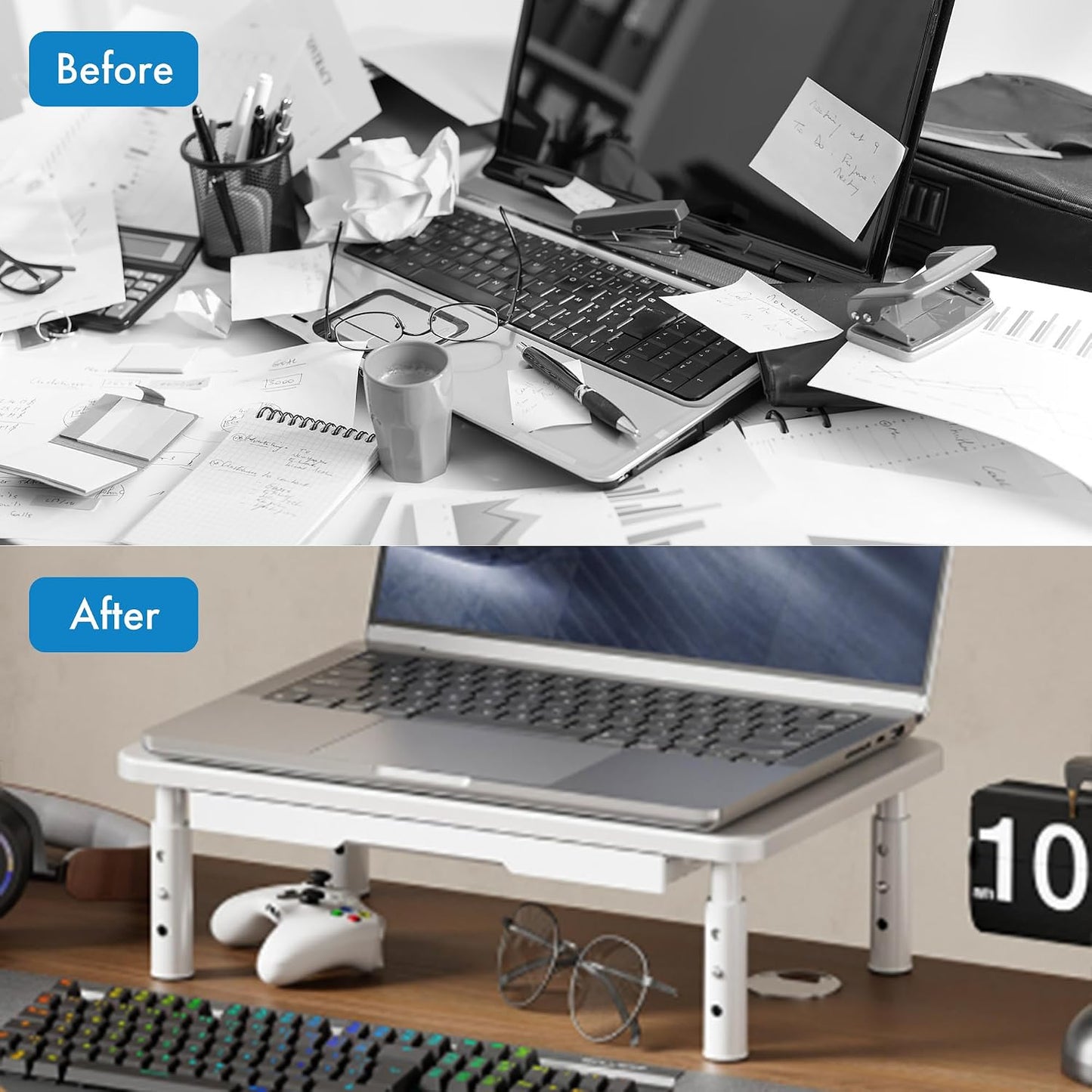 Generic (10.5-14.5cm) 3 Monitor Stand Riser with Drawer - Adjustable Height Gears, Carbon Steel Desk Organizer