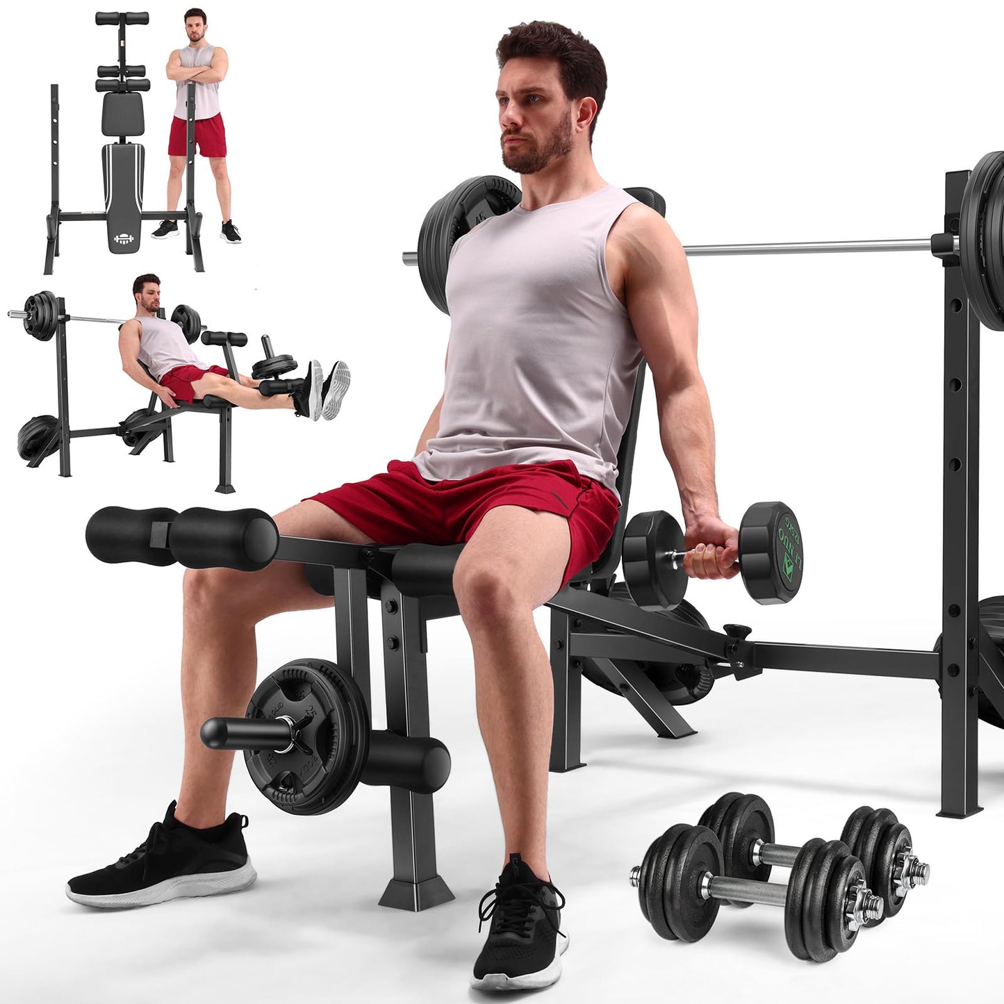 ANCHEER Weight Bench, 3 Sec Foldable Workout Bench with Squat Rack Leg Extension & Leg Curl, 900LBS Adjustable Bench Press for Home Gym, Standard Strength Training Bench (Obsidian)