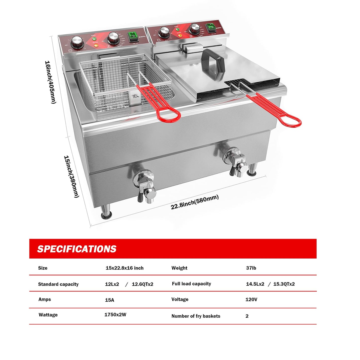 EGGKITPO (ECF4-NG) 50LB 120,000 BTU Natural Gas Fryer and 12L × 2 Commercial Fryer with Timer and Oil Drain Electric Deep Fryer(120v 3500w)