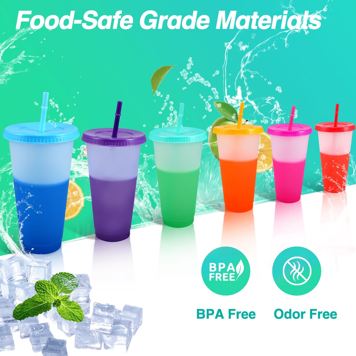 EASEVE Color Changing Cups with Lids and Straws - 6 Pack 24 oz Reusable Plastic Tumblers with Lids and Straws for Adults Party, Bulk Tumblers for Iced Coffee Tea and Smoothie