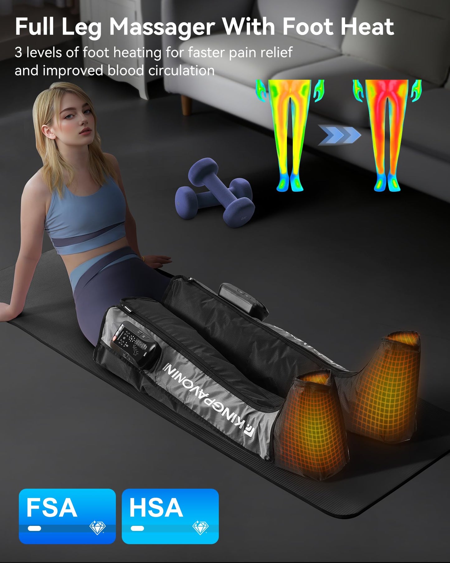 KingPavonini Cordless Leg Compression Massager with 5 Overlapping Chambers & 3 Foot Heat, 4500mAh Leg Massager for Circulation and Pain Relief, 19 Modes & 8 Intensities, Recovery Boots for Athletes