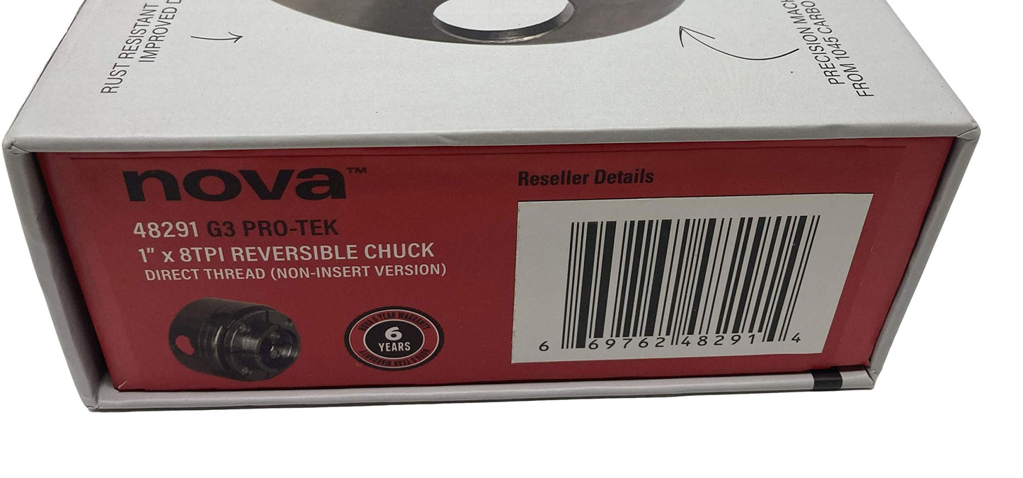 NOVA 48291 PREMIER PRO-TEK G3 Wood Lathe Chuck with 2" PRO-TEK Jaws, Woodworm screw, & Dlx. Storage Box, Direct Thread Version 1"x 8 TPI Only (Does Not Use Inserts)