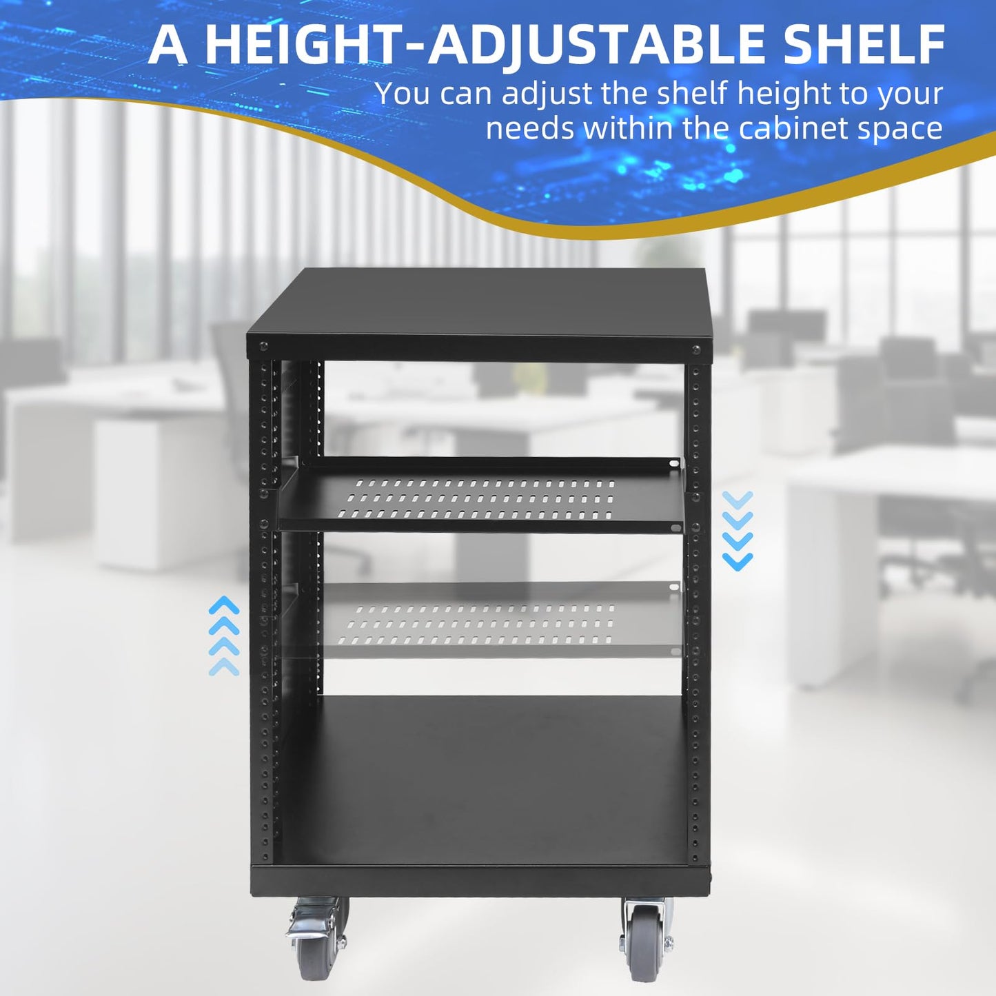 12U Rack with Caster Wheels, Heavy-Duty AV Rack with Adjustable Steel Shelf, Open Frame Server Rack for IT, AV, Data & Computer Equipment, 500lb Capacity, 19.7" W x 17.7" D x 26.8" H