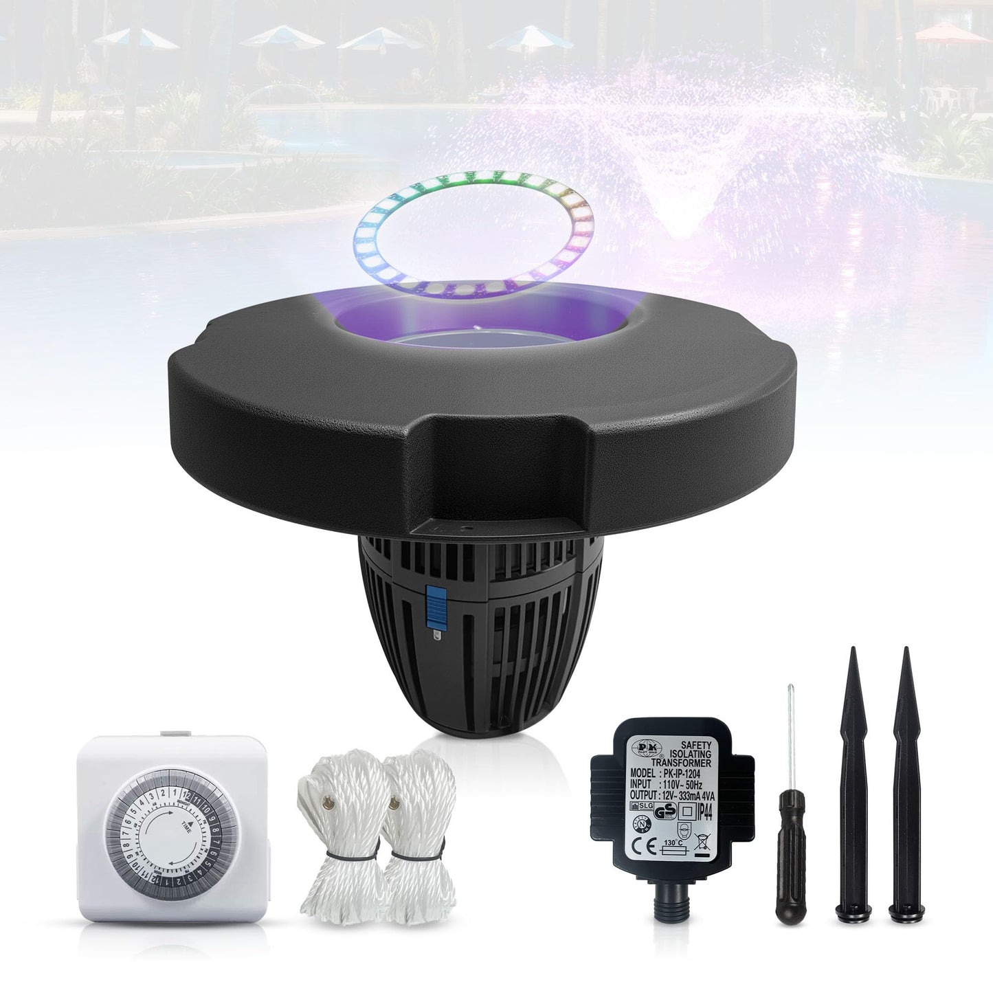 RGB Pond Fountain Aerator, 20000 GPH Floating Aerating Pump, 50ft Power Cord, Time Control, Perfect for Ponds & Lakes