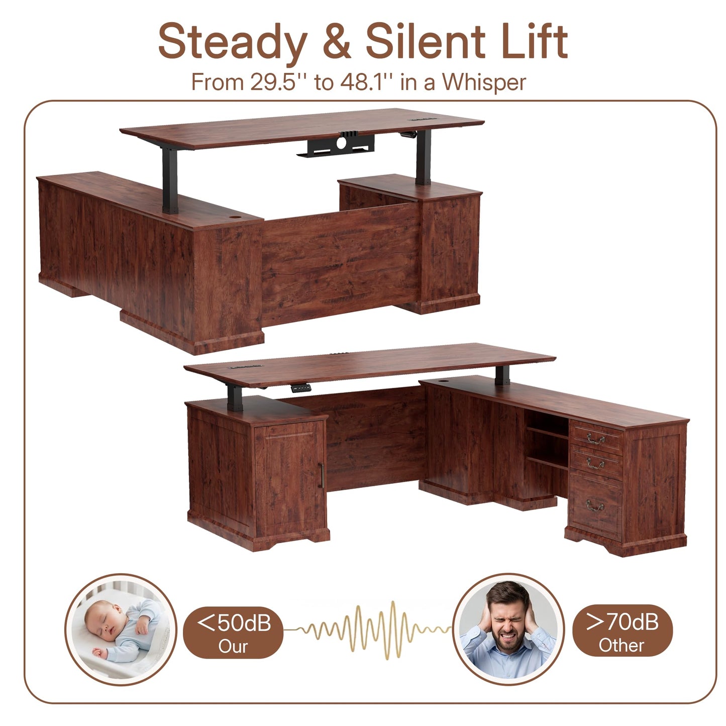 ZIMASYA 71" L Shaped Executive Desk with File Cabinet Drawers Outlet USB, Height Adjustable Modern Office Desk Privacy Panel Sit-Stand Workstation for Boss Managers Office Home Mahogany