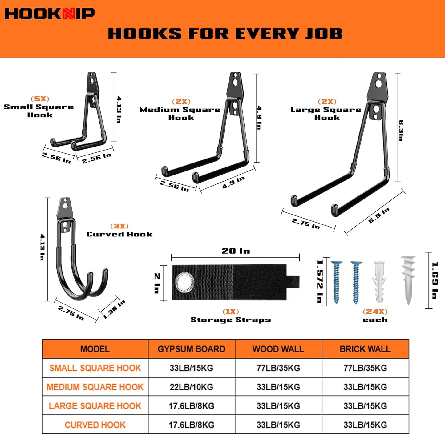 Pack 13 Heavy Duty Garage Hooks - Multi-Sized Wall-Mounted Tool Hangers with Anti-Rust PVC Coating | Ideal for Bikes, Ladders, and Garden Tools