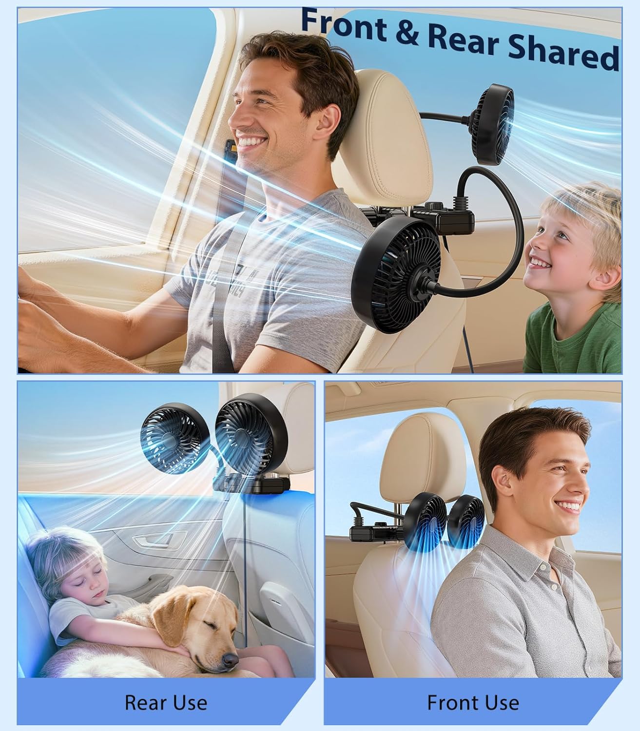 360 2 Dual Hose USB Fan for Car SUV RV Pickup Vehicle Headrest, Car Seat Fan for Baby Kids Rear Facing - Quiet Stepless