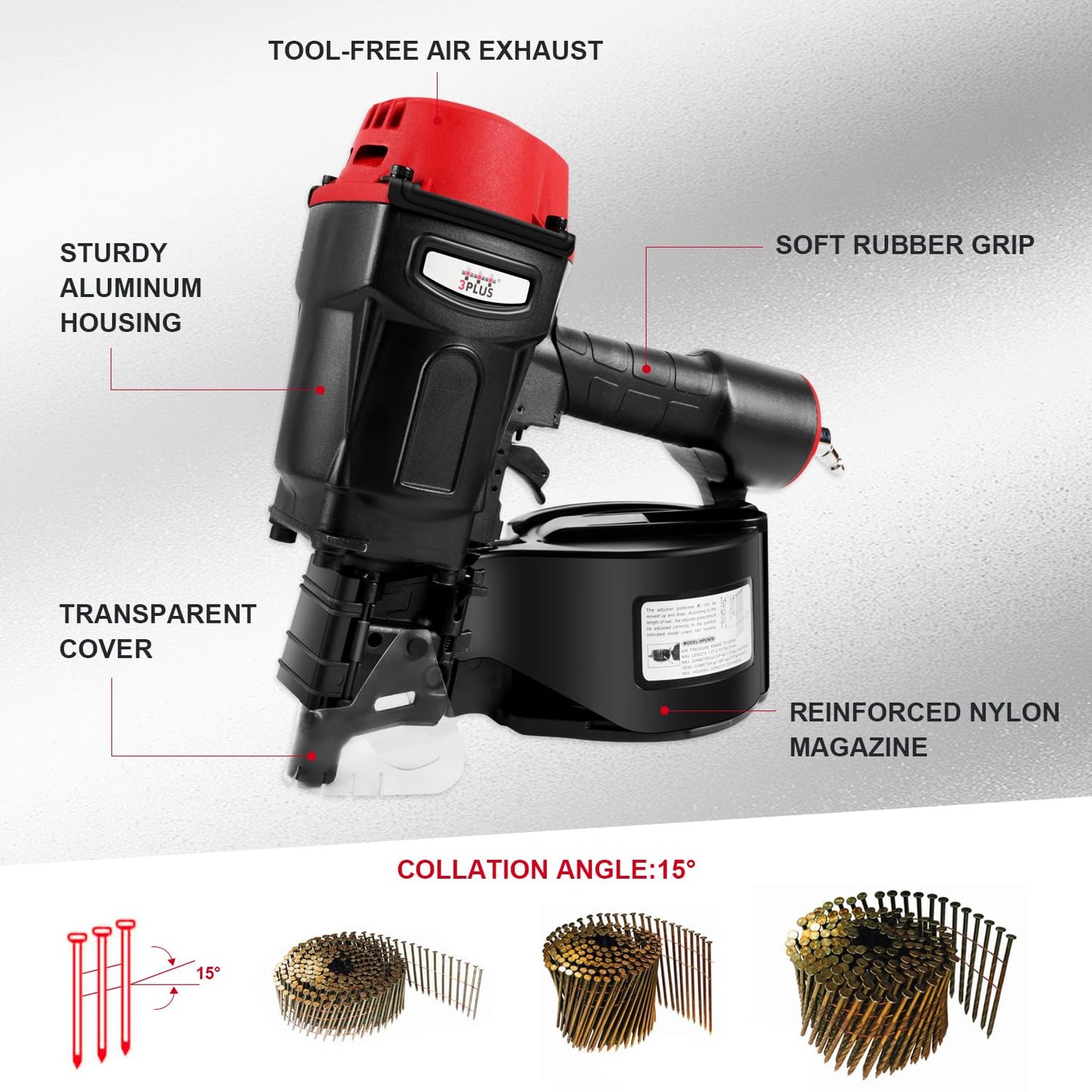 3PLUS HCN70SP Pneumatic Coil Pallet Nailer Professional Air Nail Gun Accepts 15 Degree 1-3/4-Inch to 2-3/4-Inch Wire Collated Nails
