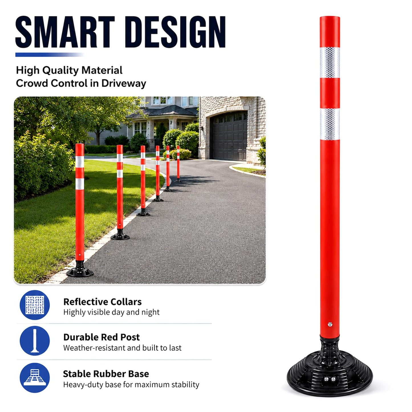BESEA 8PCS 48" Traffic Delineator Posts with Detachable Base & High-Visibility Reflective Collars,Orange Durable Flexible Safety Cones for Work Zones, Parking Lots, and Roadways