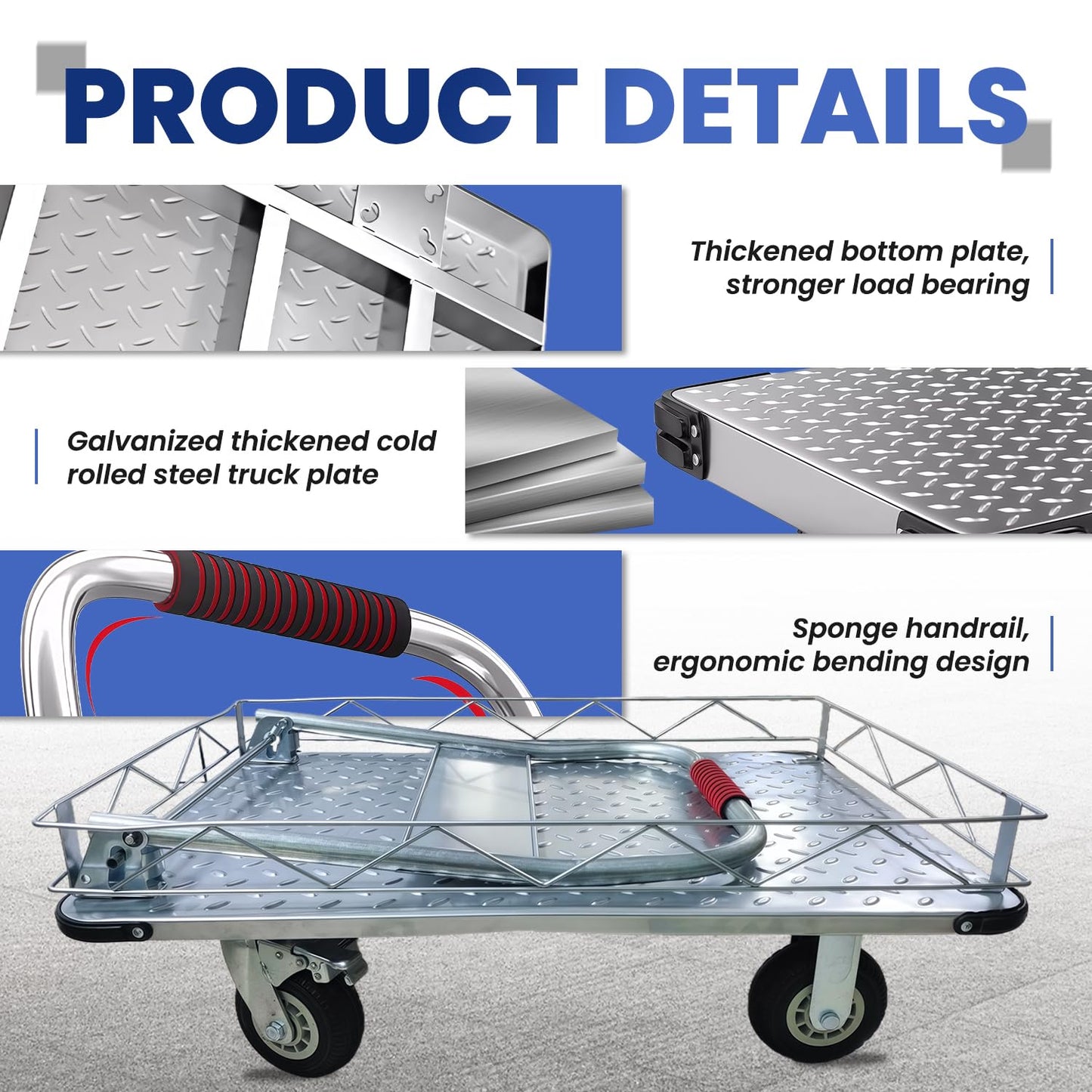 Heavy Duty Platform Truck with 6-Inch Brake Silent Wheels, Foldable Push Cart with Detachable Steel Wire Fence, Flat Hand Trucks for Gardens, Warehouses, Workshops (35.4 * 23.6 * 33.9in)