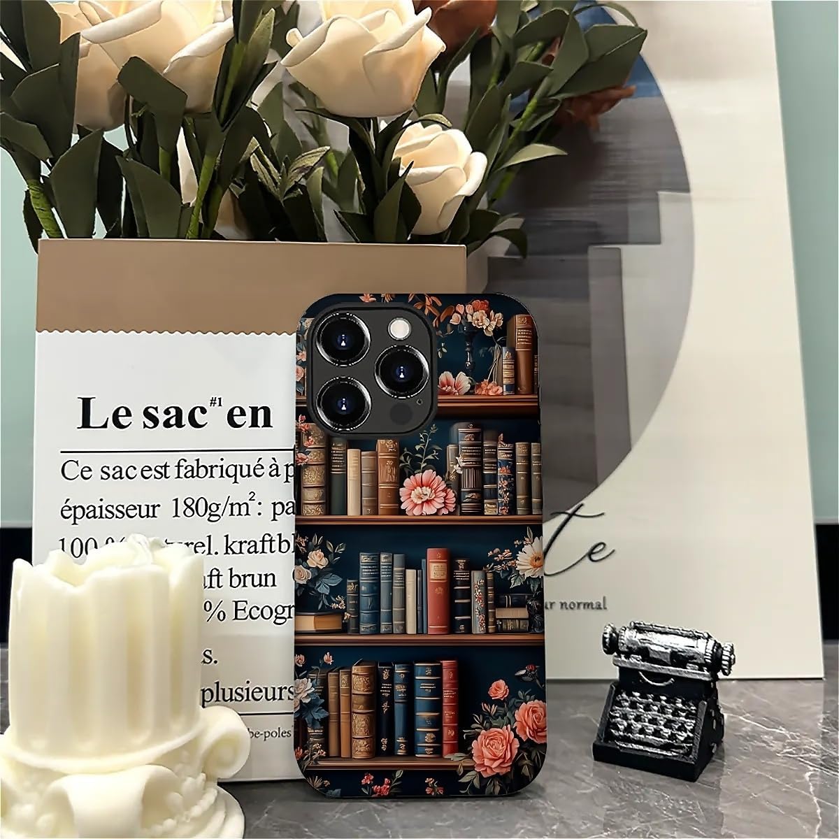 Akinmi 16 16 Case for iPhone Pro Max,Flower Bookshelf Exquisitely Pattern Double Protective Phone Cover Cases Soft