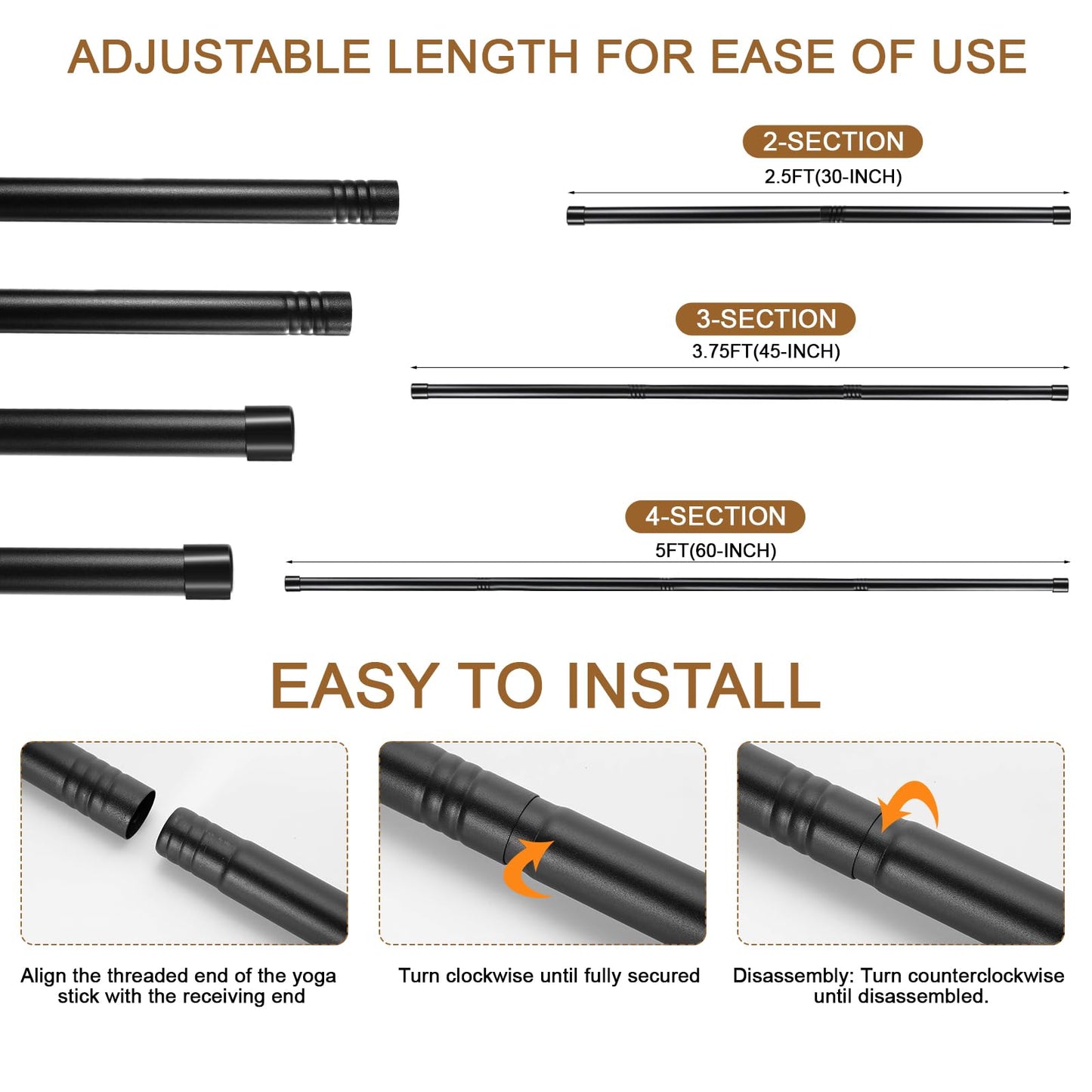 6 Set 5ft Yoga Stick Adjustable Stretching Sticks, Black Exercise Stick with Non-slip Rubber Ends, Posture Corrector Stretch Tool for Mobility Training, Workout, Balance Fitness (Per Set 5ft, Black)