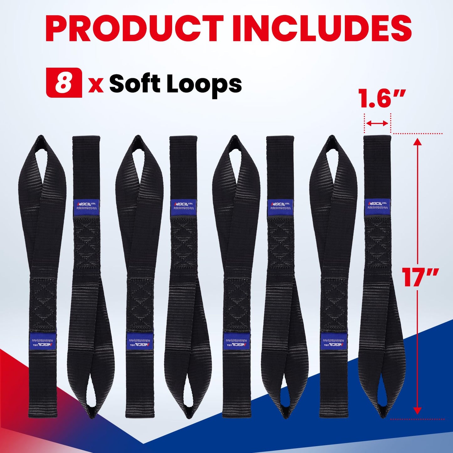 MOCA 8-Pack Soft Loop Tie Down Straps 12000 Lbs Breaking Strength 1.6 x 17 inches, Heavy Duty Tie Down Loops for Secure Trailering of Kayak, Motorcycles, ATV, UTV (8 Pieces, Black)