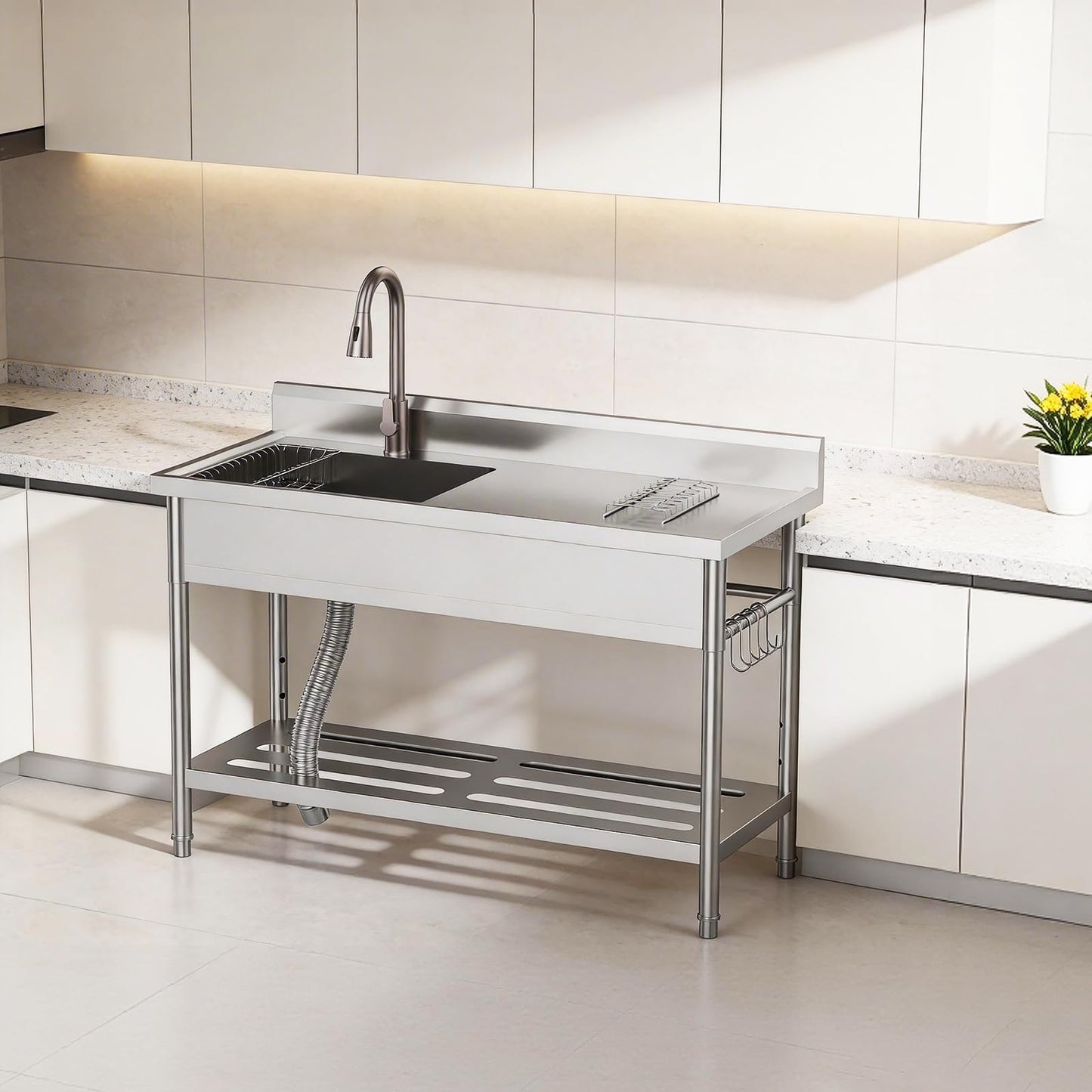 Commercial Stainless Steel Utility Sink with Drainboard, Freestanding Single Bowl Prep Sink with Work Table & Pull-Out Faucet, for Restaurant Kitchen, Garage, Outdoor