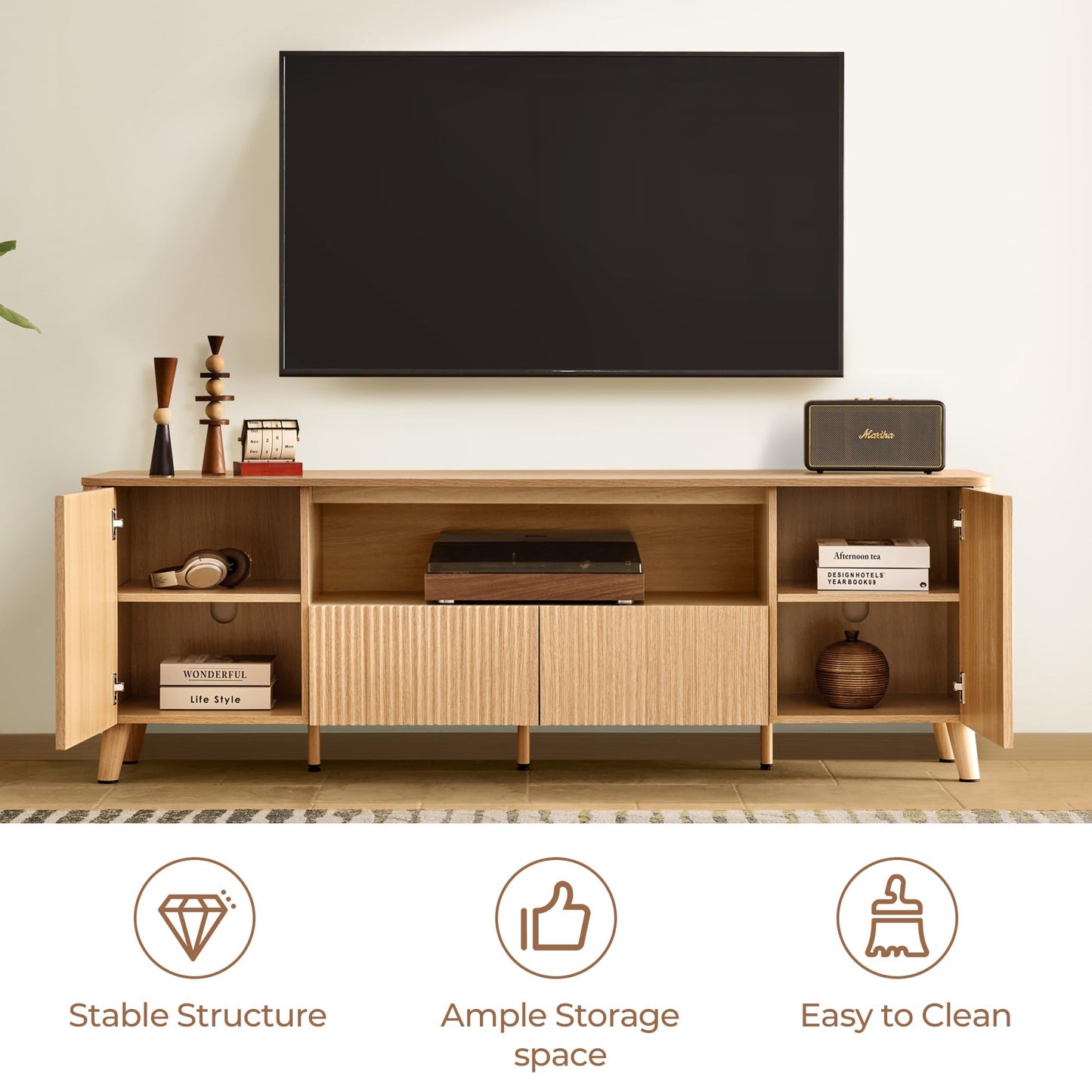 CHITA TV Stands for Living Room, Mid Century Modern TV Stand for 80 inch TV with Storage, Drawers, Adjustable Shelves, Oak