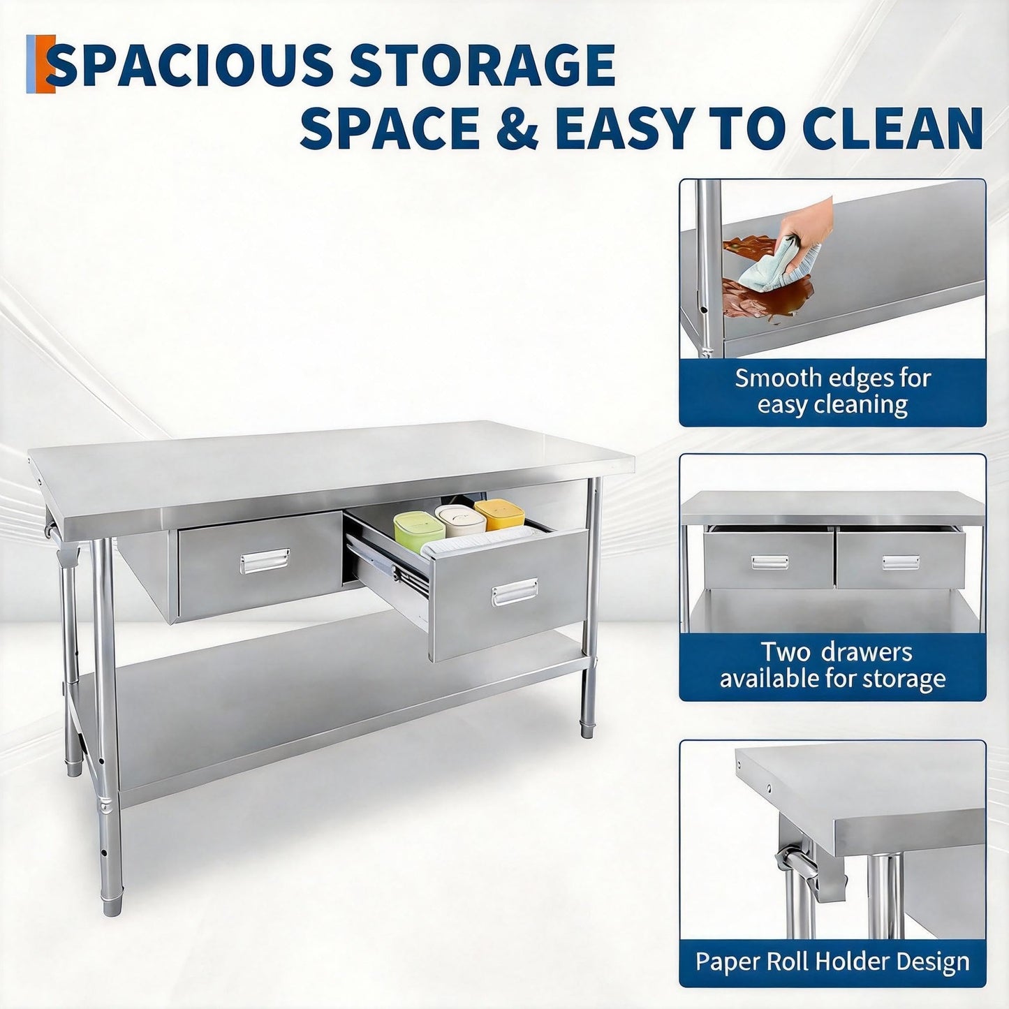 Stainless Steel Table with Drawers, 48" X 24" Heavy Duty Commercial Work & Prep Table with Adjustable Undershelf, Work Tables Workbench for Home Restaurant Kitchen Bar Hotel Garage