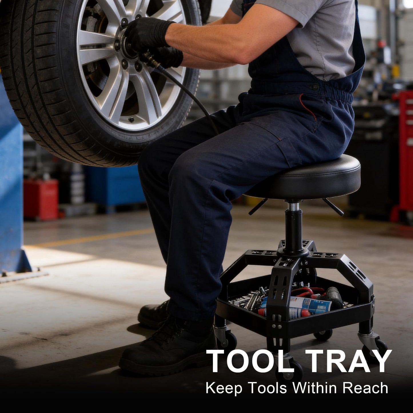 Frassie Rolling Mechanic Stool Garage Seat with Tool Tray, Height Adjustable 25.2"-29.1" Shop Stool with Brake Wheels for Auto Repair Workshop Steel Frame 300LBS Capacity