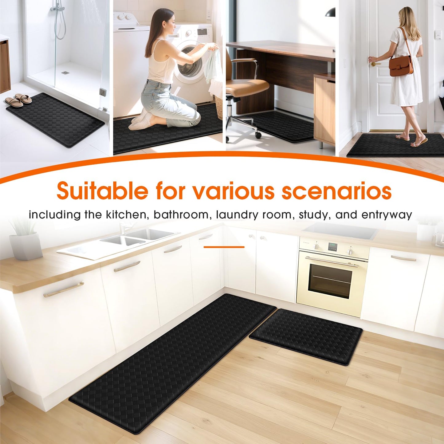 TranquilRelax Kitchen Mats, 2PCS Kitchen Rugs, Cushioned Anti Fatigue Kitchen Mats for Floor, Non-Slip Standing Desk Mat, Waterproof Kitchen Rug Set for Kitchen Floor Office,17.3"×30"+17.3"×59" Black