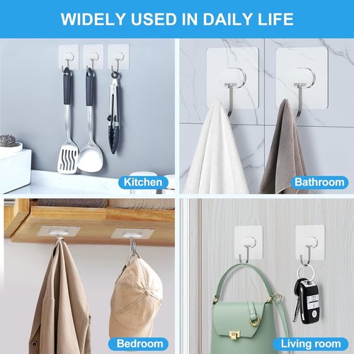 JINSHUNFA Heavy Duty Adhesive Wall Hooks - 13LB Capacity, Waterproof, No Drill - 12 Pack for Bathroom & Kitchen