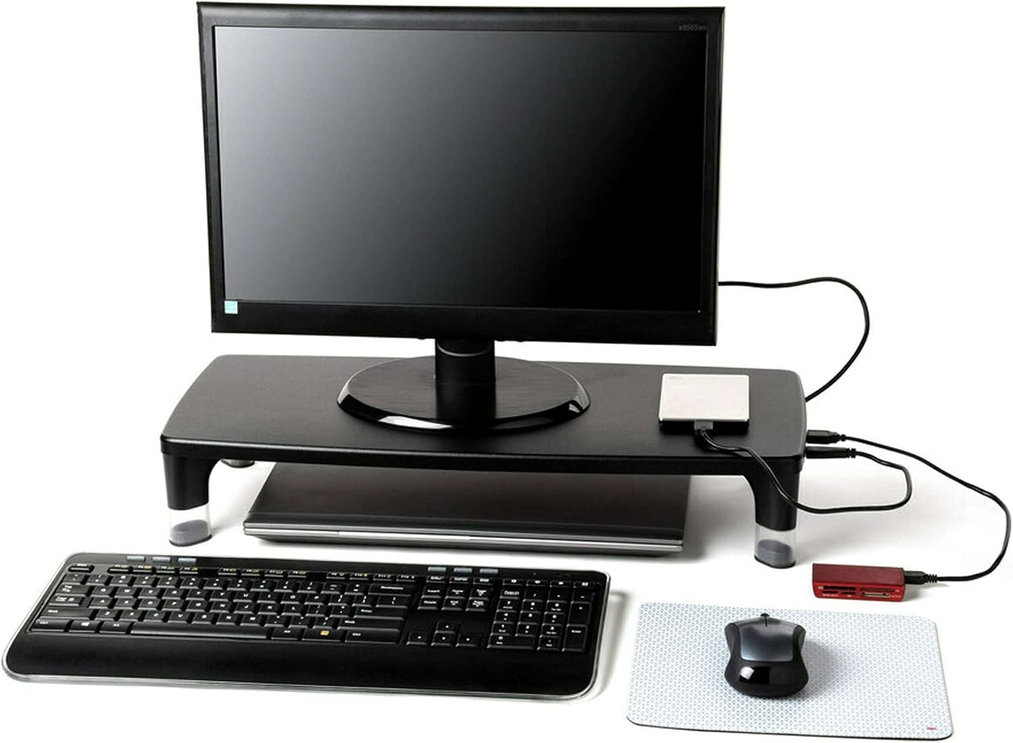 3M 4-Port Adjustable Monitor Stand with USB Hub, Black, Great for Computer Monitors, Laptops, TVs, Speakers, Printers