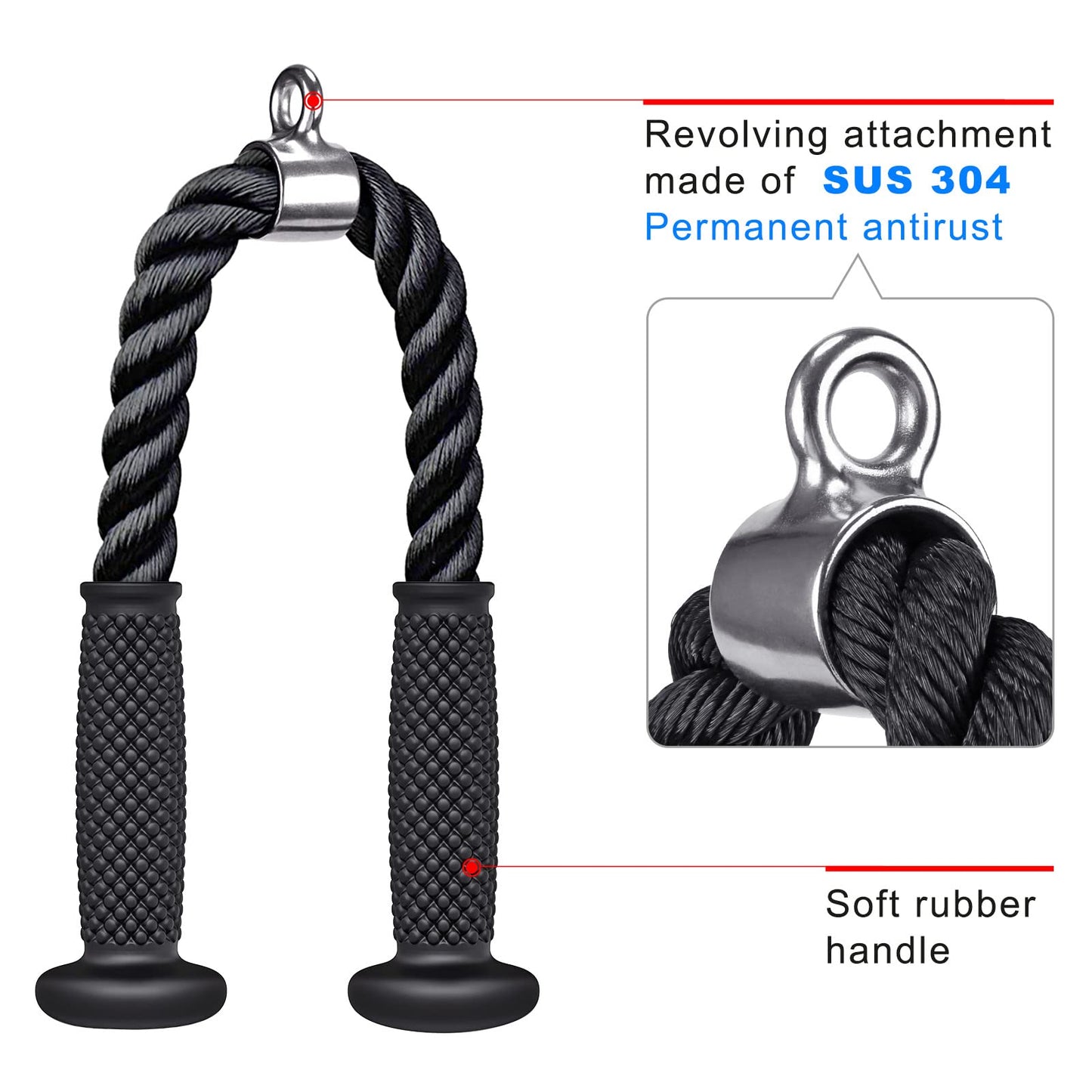 Kipika Tricep Rope 28 Inch, Rope Pull Down Attachment for Cable Machine, Heavy Duty Nylon Rope with Comfortable Soft Handle