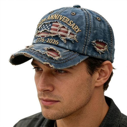 250th Anniversary USA Hat - Ripped Denim Baseball Cap for Men & Women | Celebrate America's Heritage