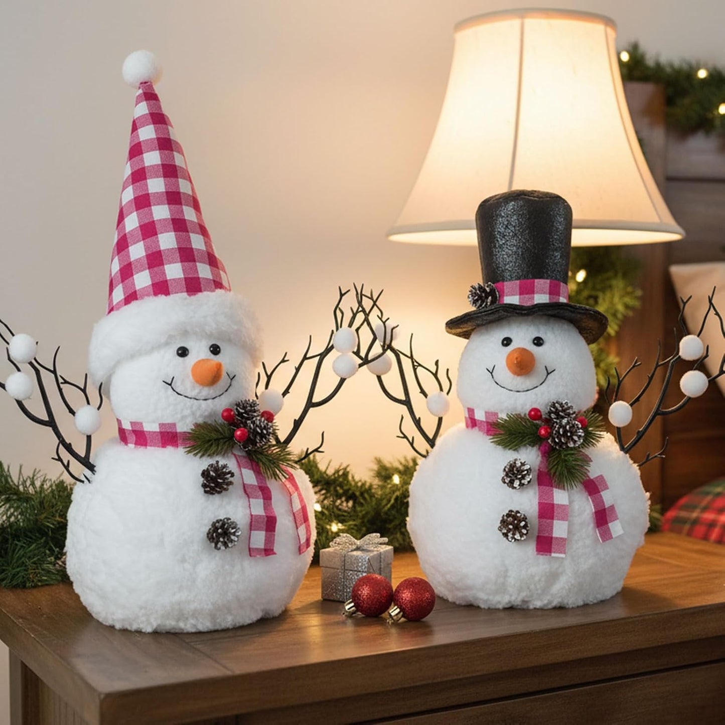 Skiennix Lighted Plush Snowmen Figurines - 14" Christmas Table Decorations | Battery Operated Holiday Ornaments